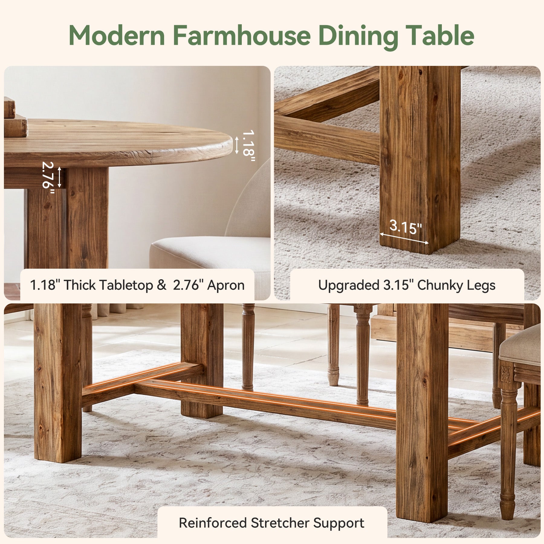 63 Inch Solid Fir Wood Oval Dining Table for 4-6, Farmhouse Kitchen Table with Crossbar