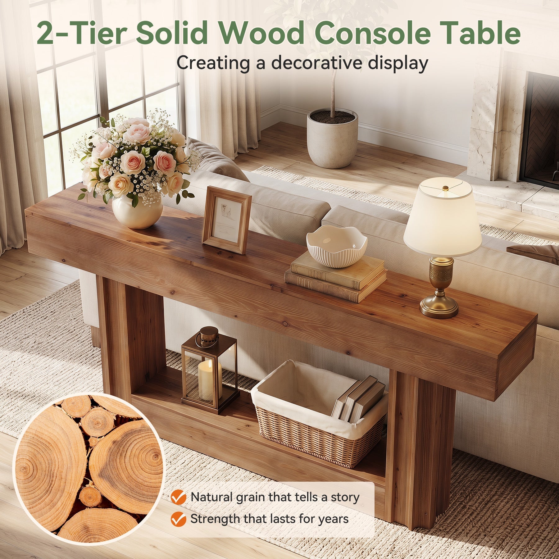 63-Inch Solid Wood Console Table with 2-Tier Storage Shelf, Farmhouse Sofa Entryway Table for Hallway