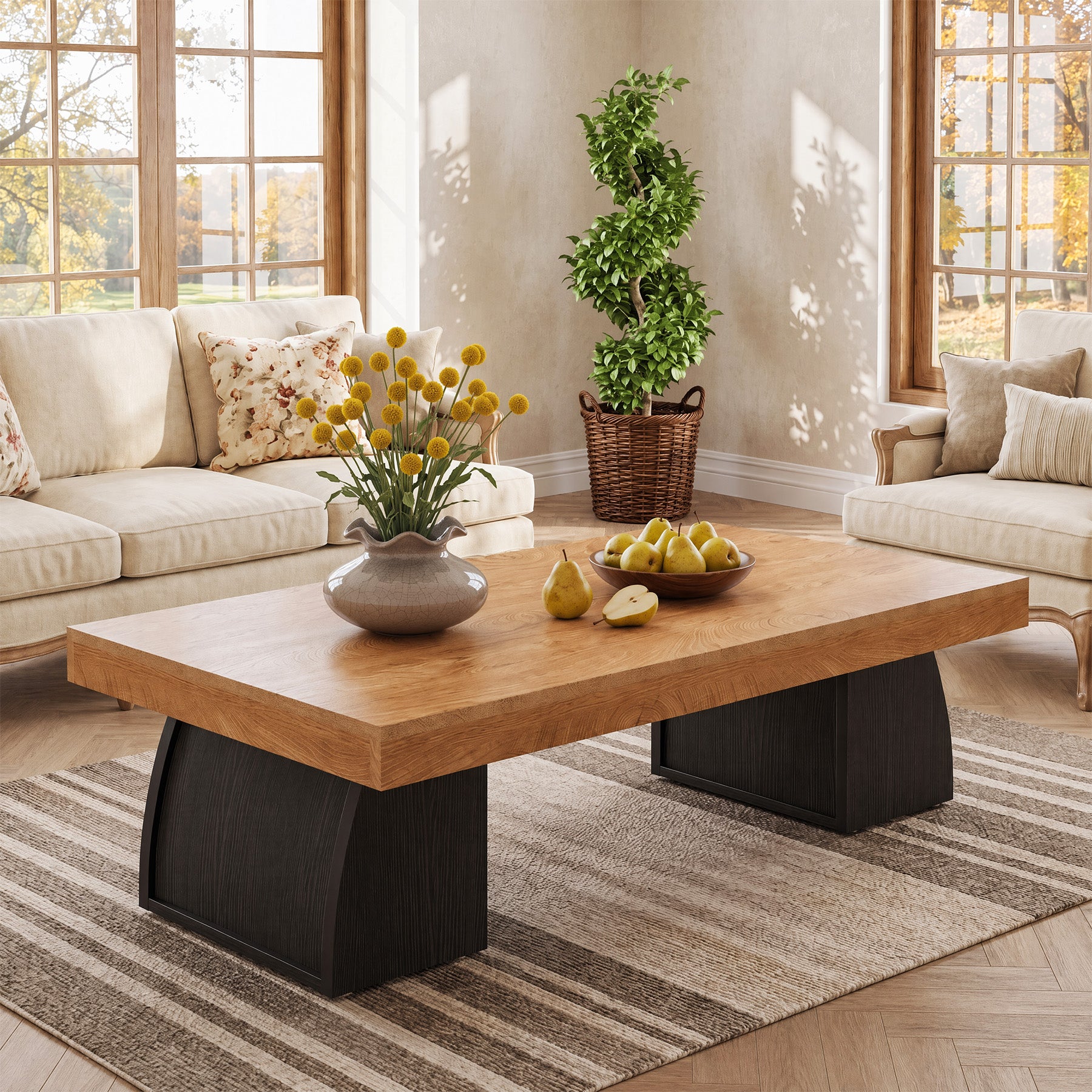 55.12 Inch Farmhouse Coffee Table with Curved Support Base, Rectangular Center Table for Living Room