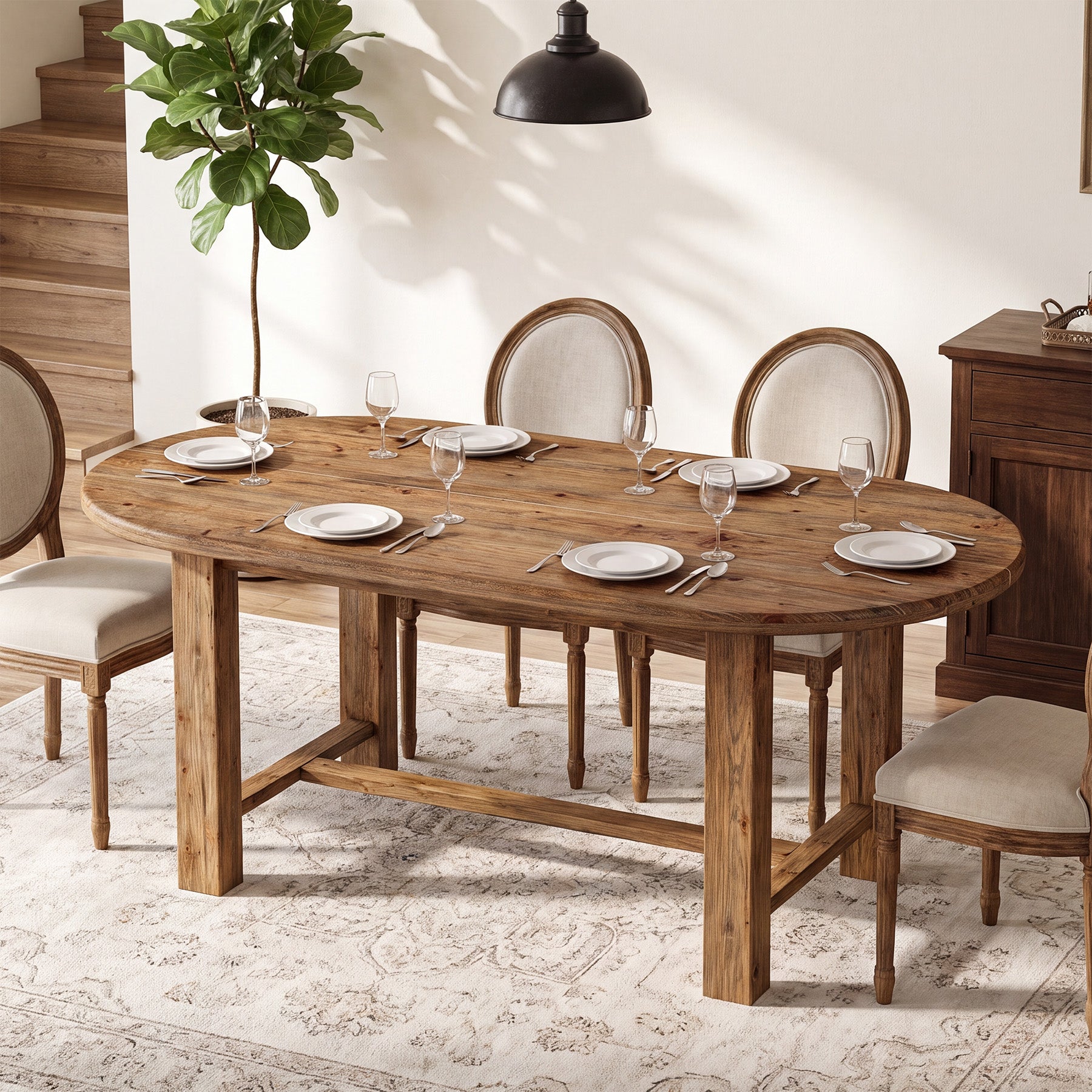 63 Inch Solid Fir Wood Oval Dining Table for 4-6, Farmhouse Kitchen Table with Crossbar