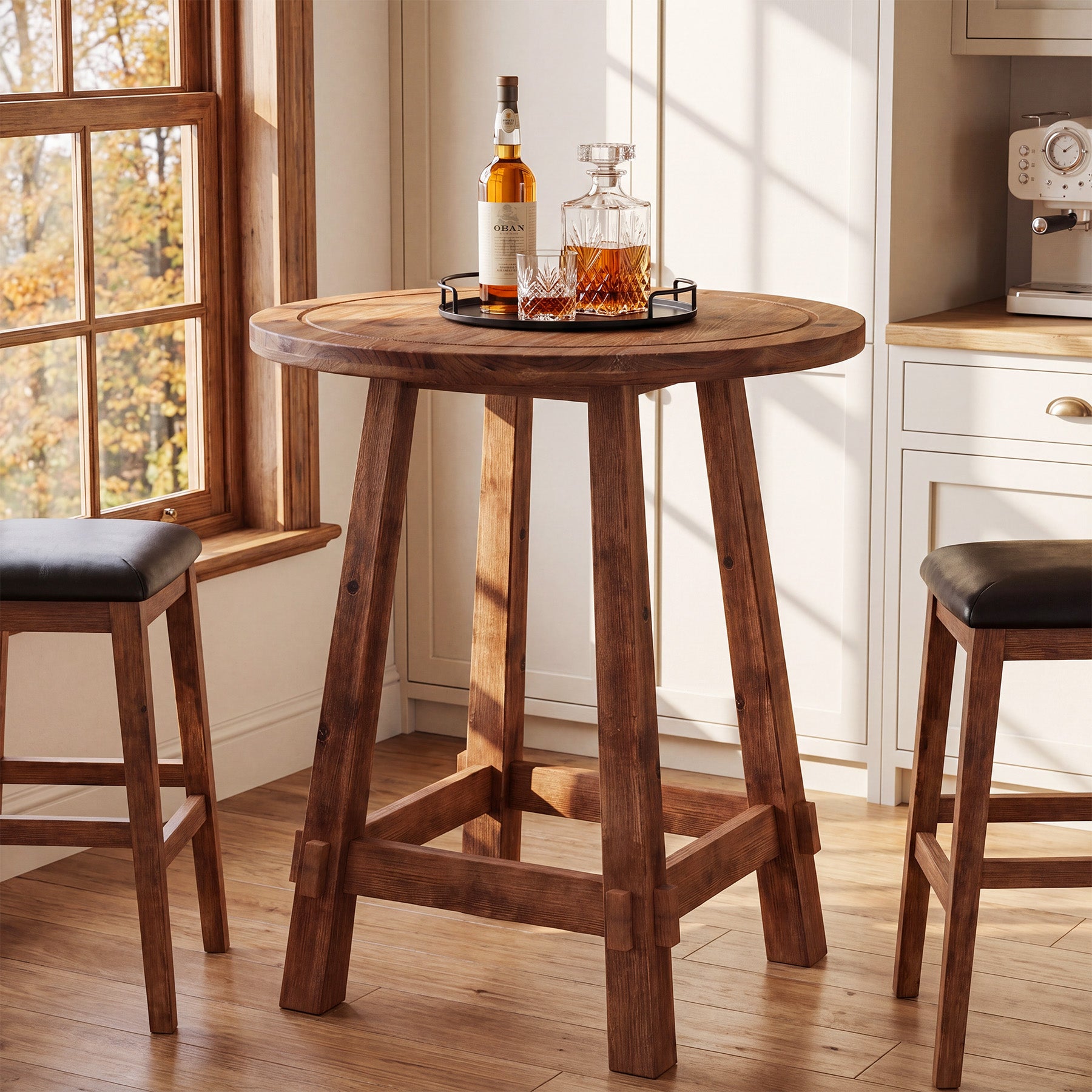 39.4-Inch High Round Solid Wood Bar Table with Footrest, Farmhouse Pub Table for Kitchen and Small Spaces