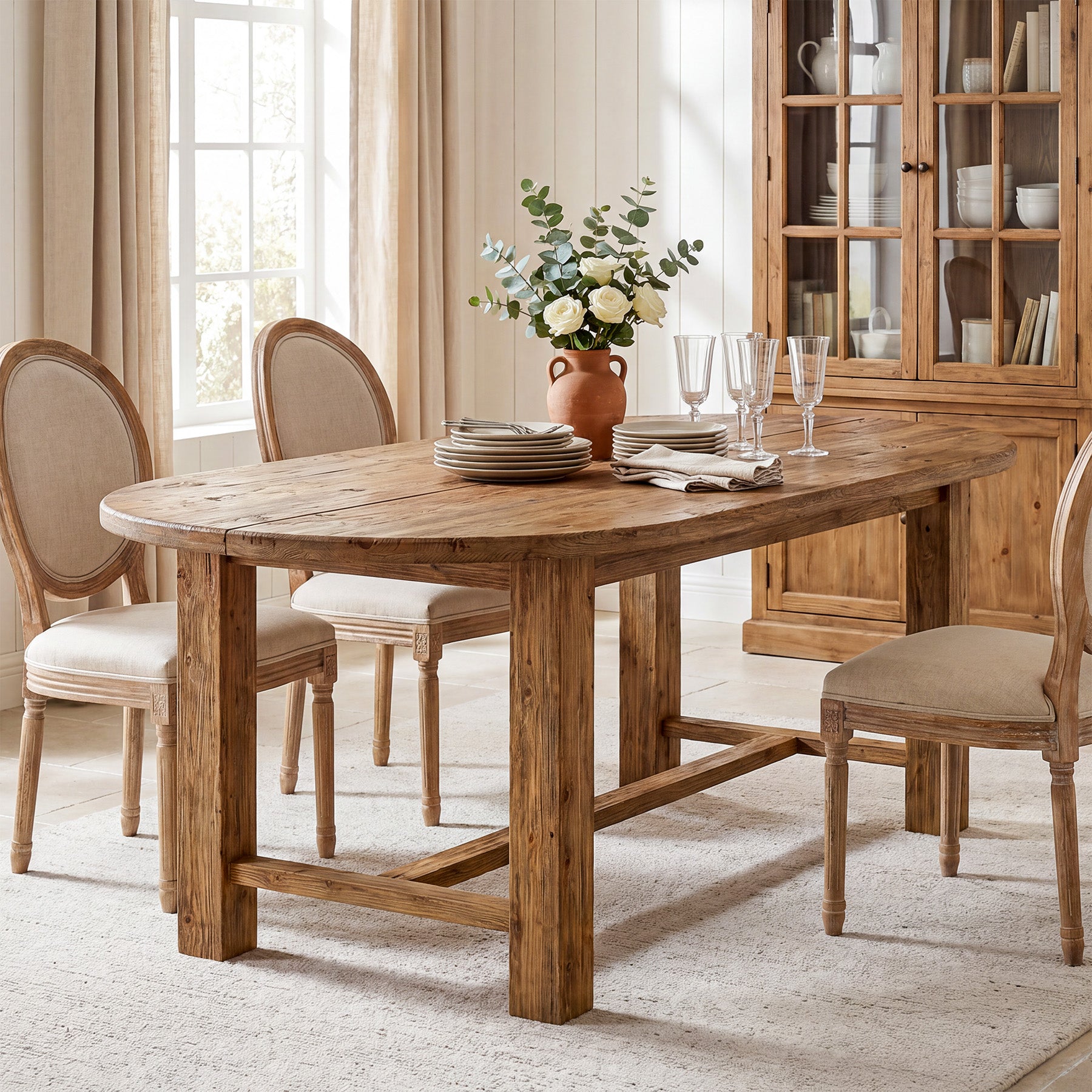 63 Inch Solid Fir Wood Oval Dining Table for 4-6, Farmhouse Kitchen Table with Crossbar
