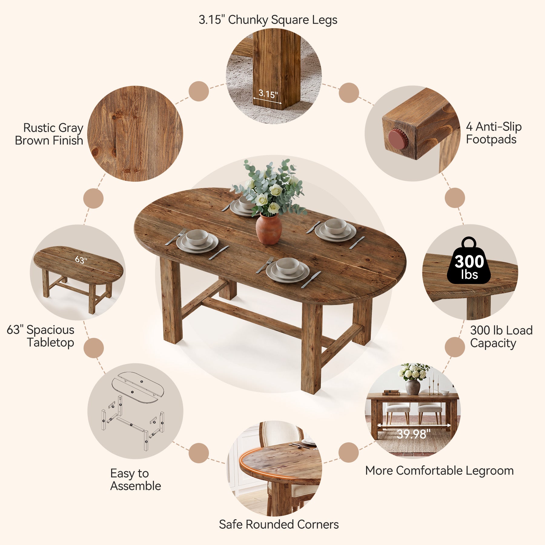 Tribesigns 63 Inch Solid Fir Wood Executive Desk with Crossbar, Oval Workstation for Home Office