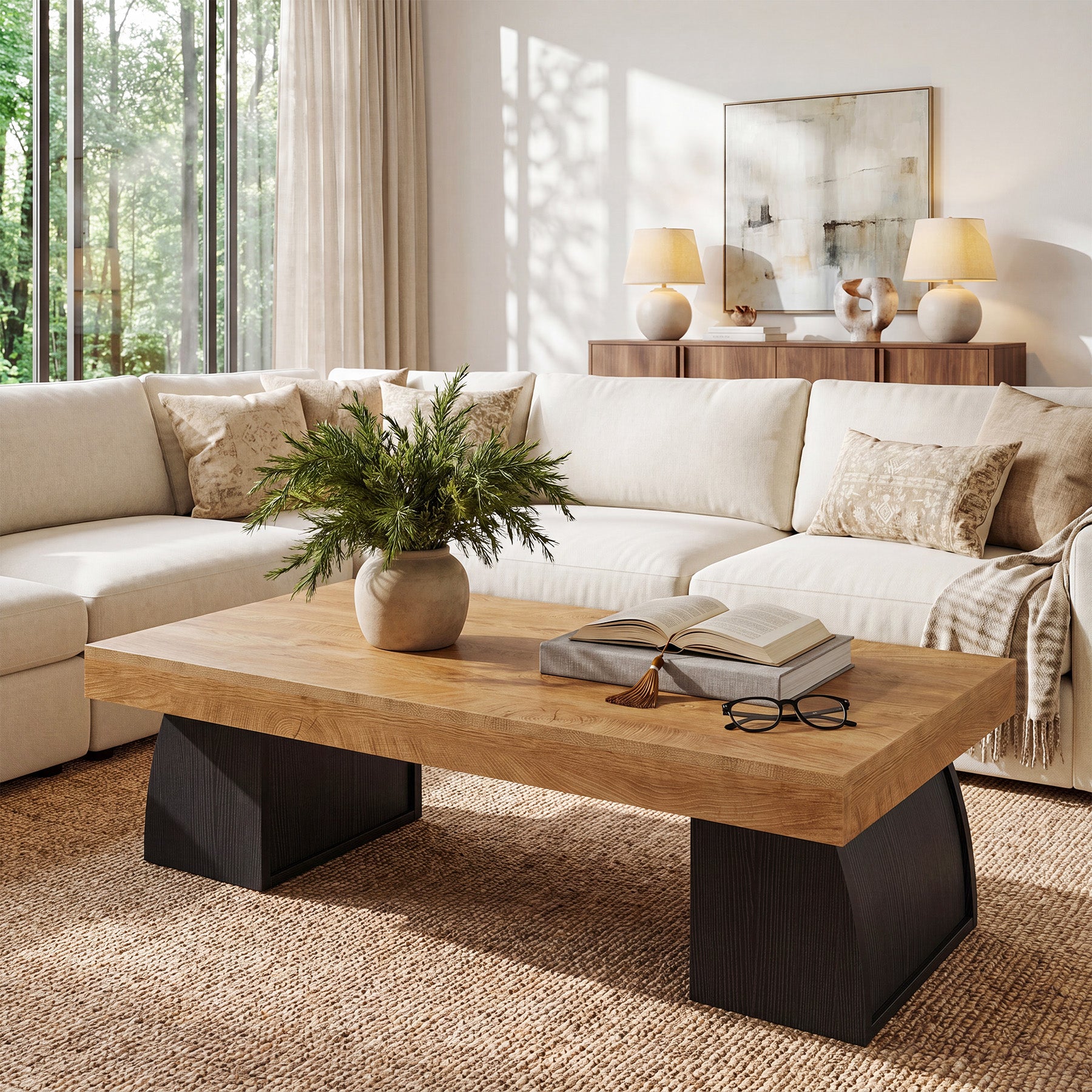 55.12 Inch Farmhouse Coffee Table with Curved Support Base, Rectangular Center Table for Living Room