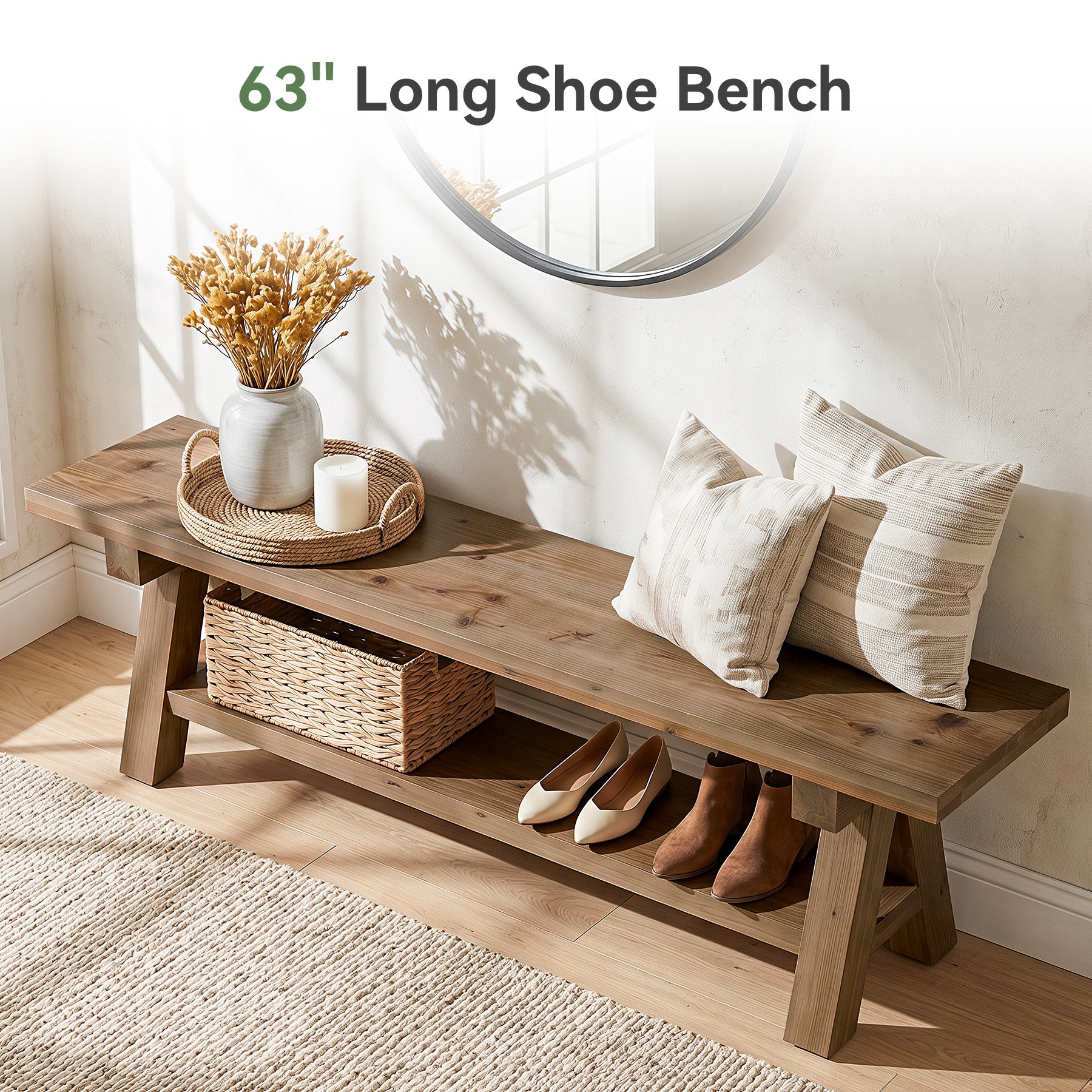 Tribesigns 63-Inch Solid Wood Entryway Bench, Dining Bench with Open Storage for Hallway and Foyer