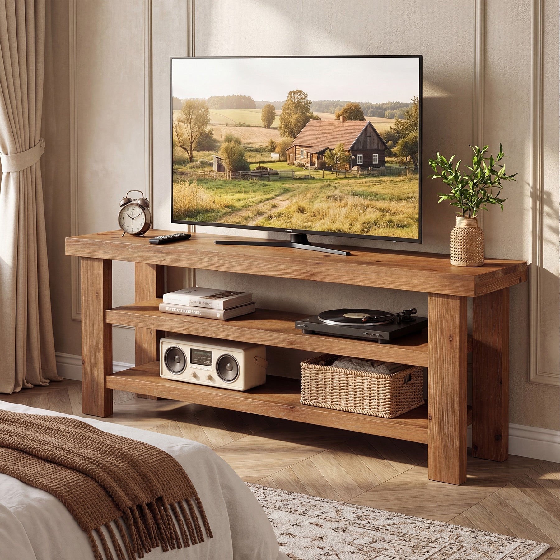 Tribesigns 63-Inch Solid Wood TV Stand, 2-Tier Media Console with Open Storage for Living Room