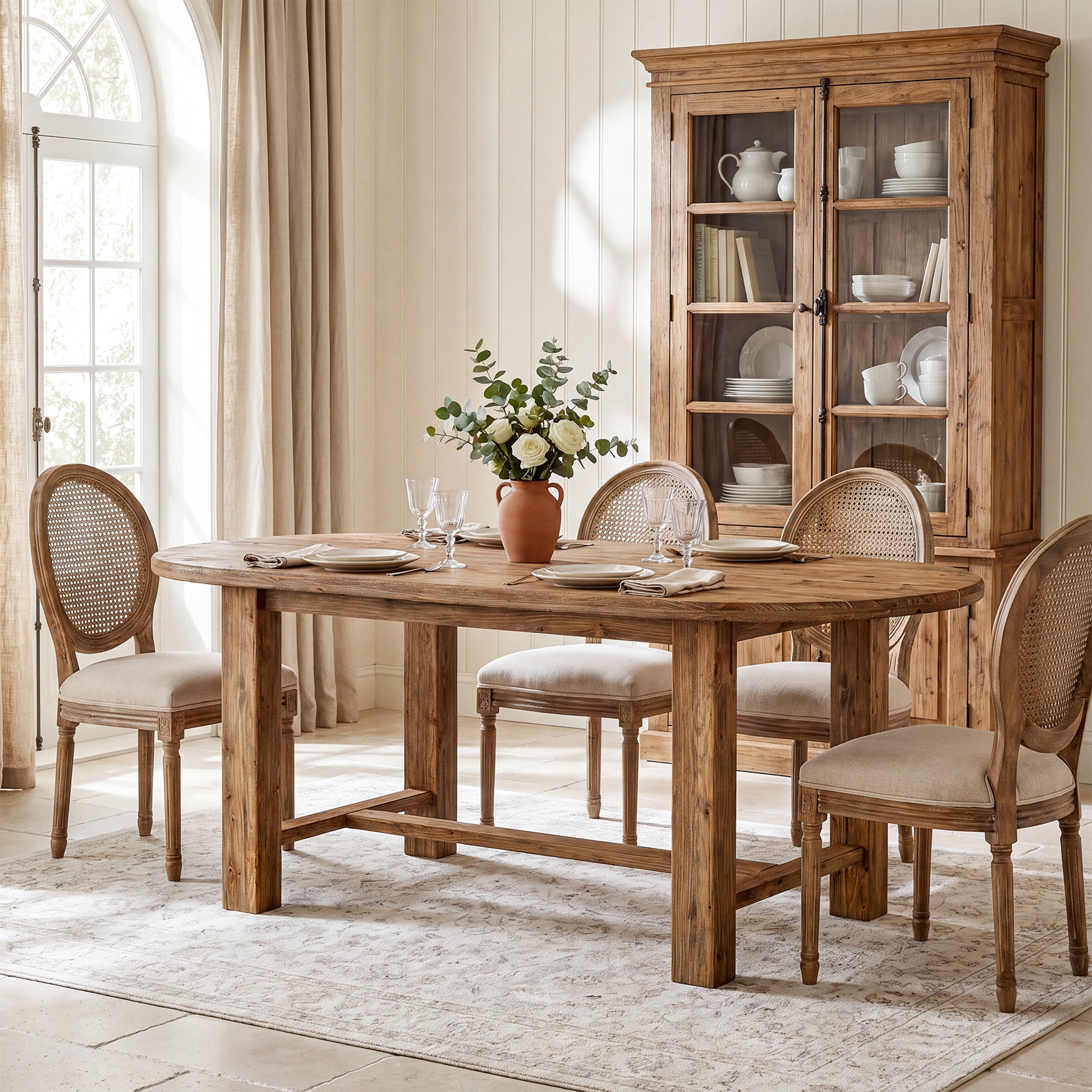 63 Inch Solid Fir Wood Oval Dining Table for 4-6, Farmhouse Kitchen Table with Crossbar