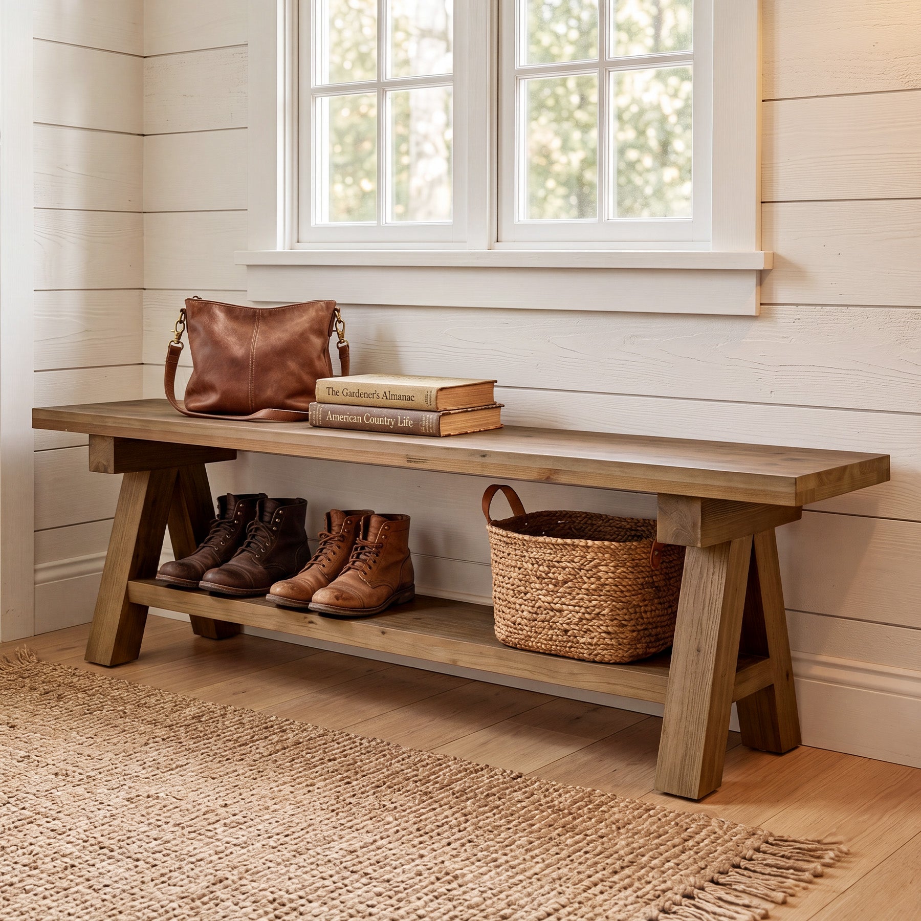 Tribesigns 63-Inch Solid Wood Entryway Bench, Dining Bench with Open Storage for Hallway and Foyer