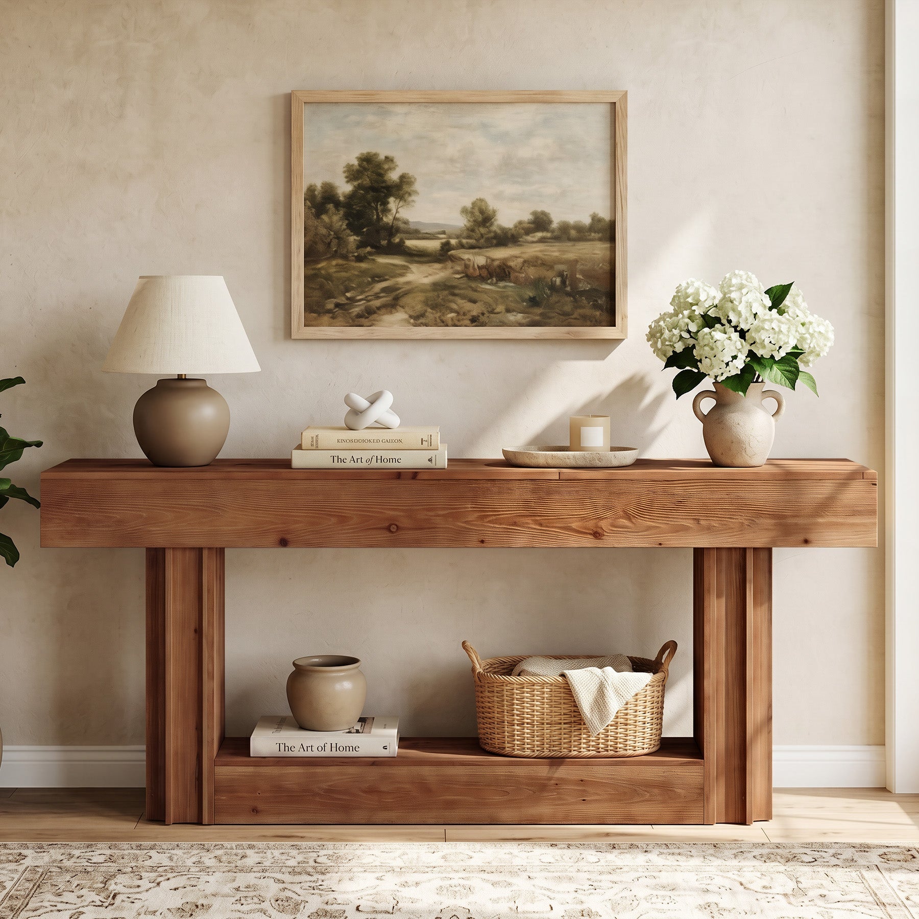 63-Inch Solid Wood Console Table with 2-Tier Storage Shelf, Farmhouse Sofa Entryway Table for Hallway