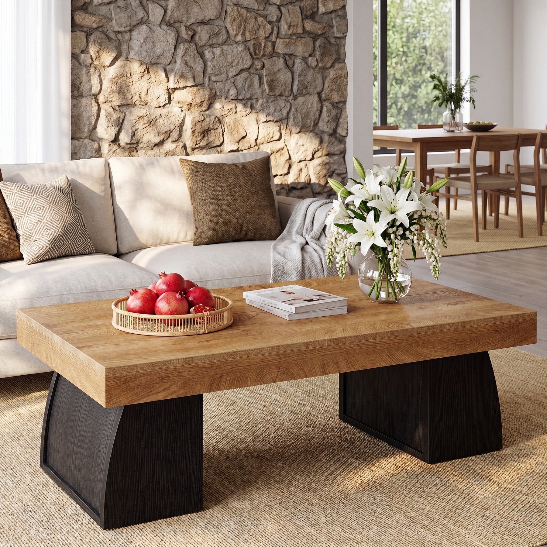 55.12 Inch Farmhouse Coffee Table with Curved Support Base, Rectangular Center Table for Living Room