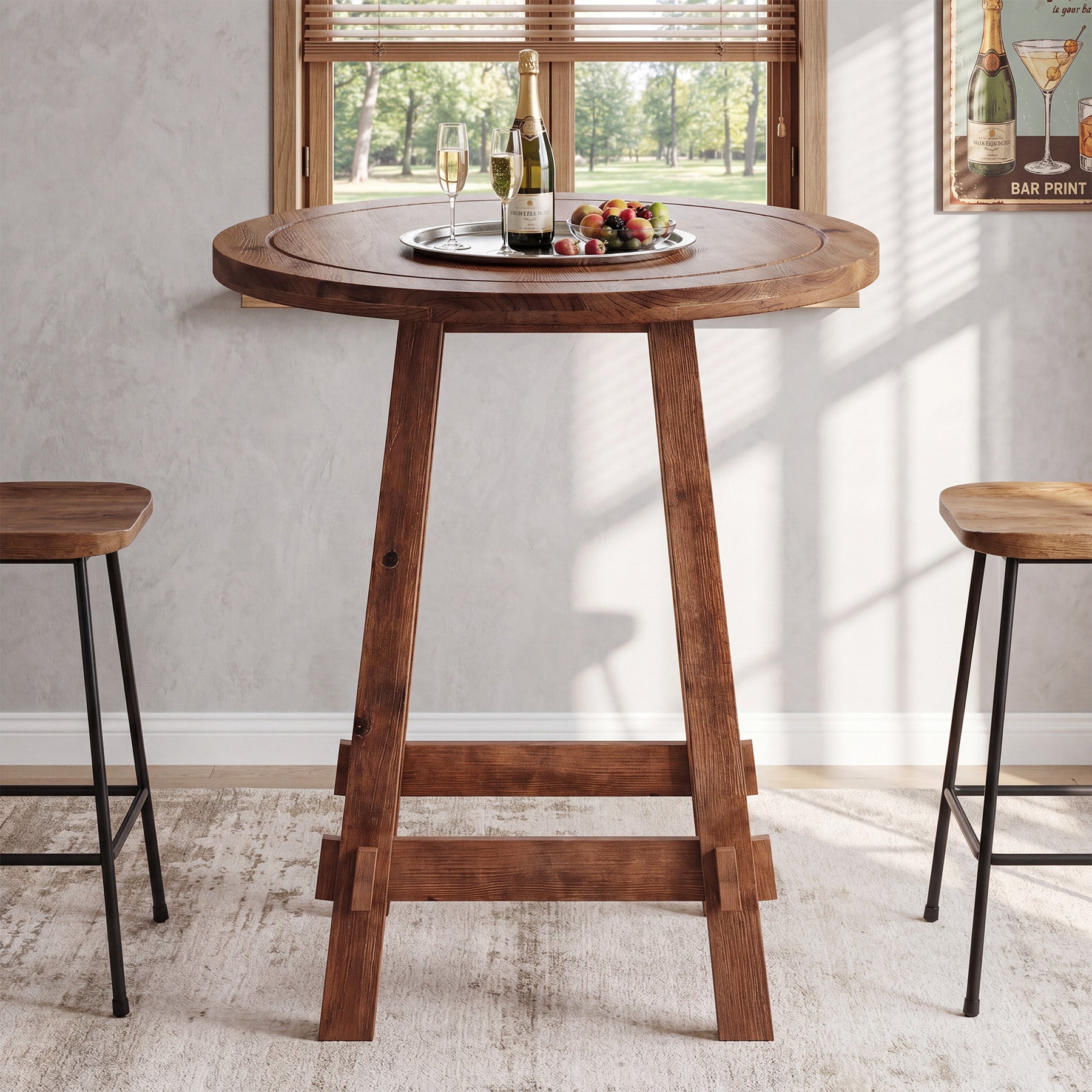 39.4-Inch High Round Solid Wood Bar Table with Footrest, Farmhouse Pub Table for Kitchen and Small Spaces
