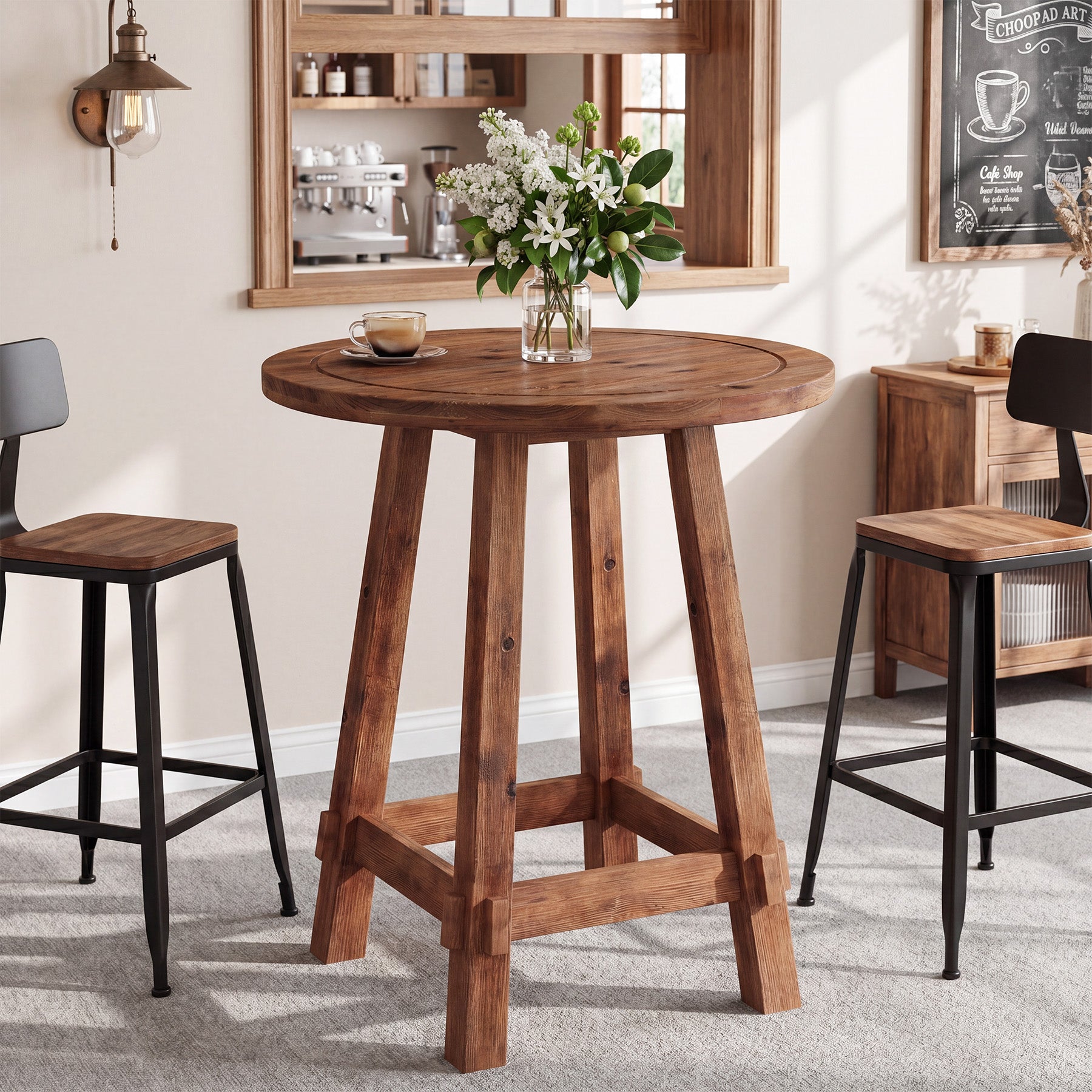 39.4-Inch High Round Solid Wood Bar Table with Footrest, Farmhouse Pub Table for Kitchen and Small Spaces