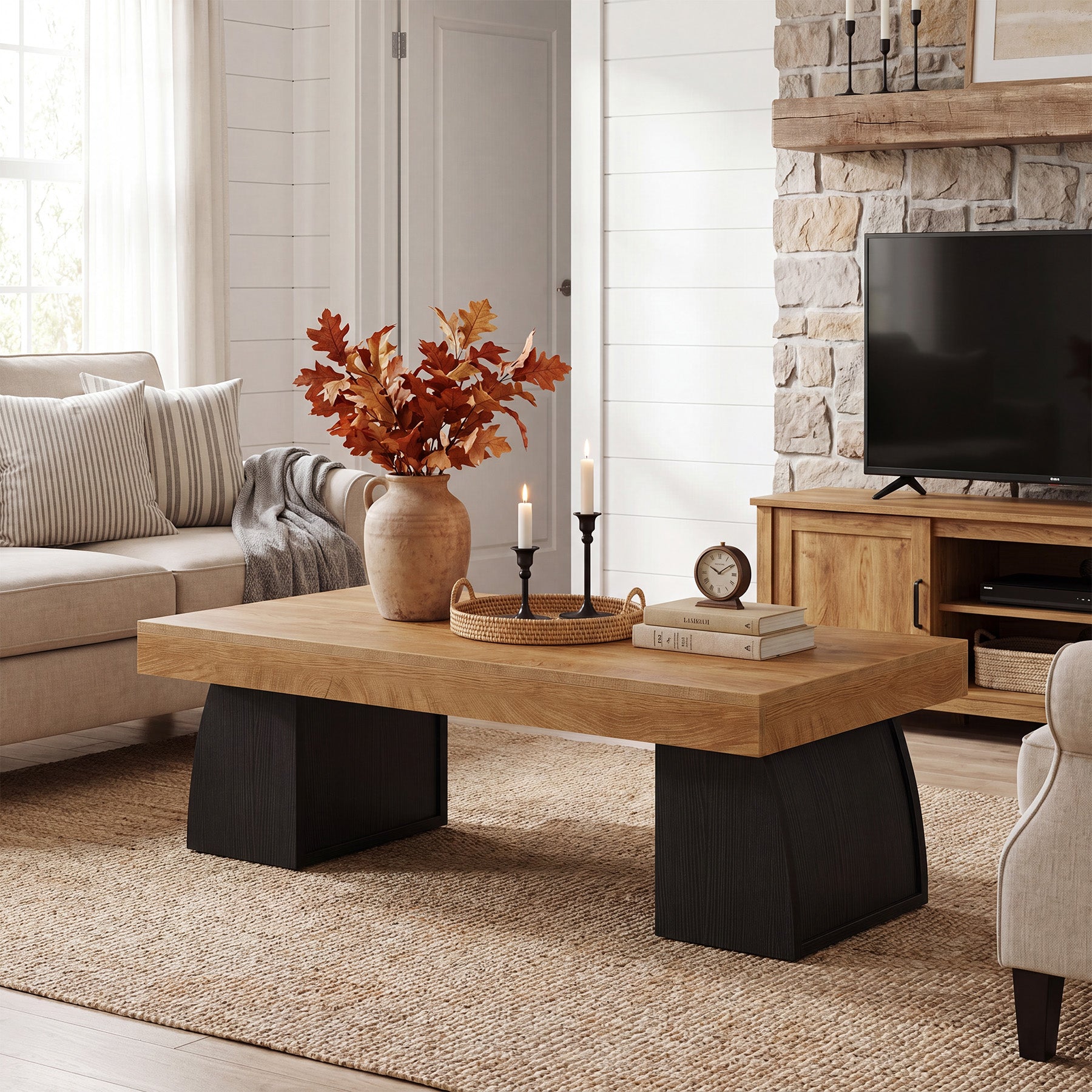 55.12 Inch Farmhouse Coffee Table with Curved Support Base, Rectangular Center Table for Living Room
