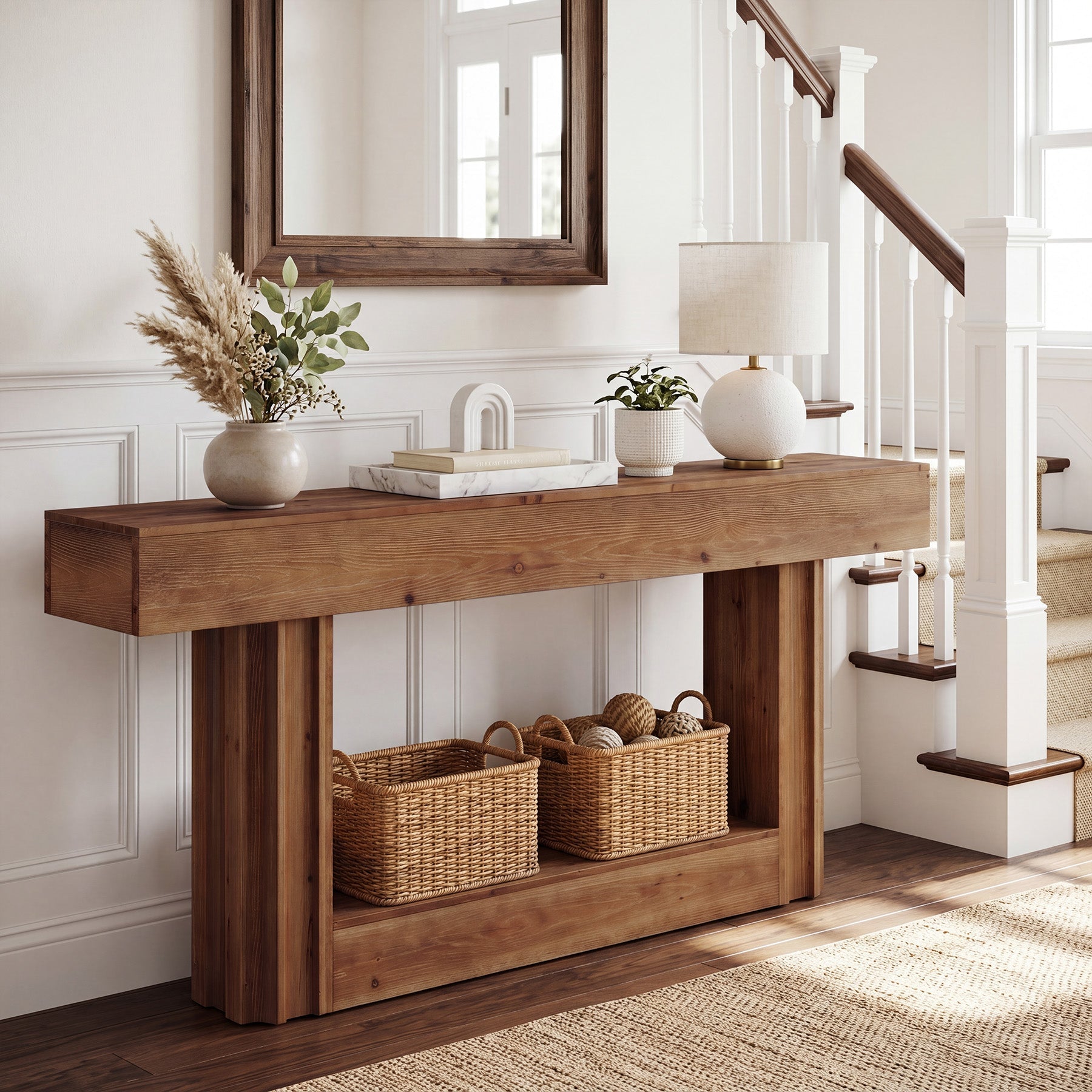 63-Inch Solid Wood Console Table with 2-Tier Storage Shelf, Farmhouse Sofa Entryway Table for Hallway