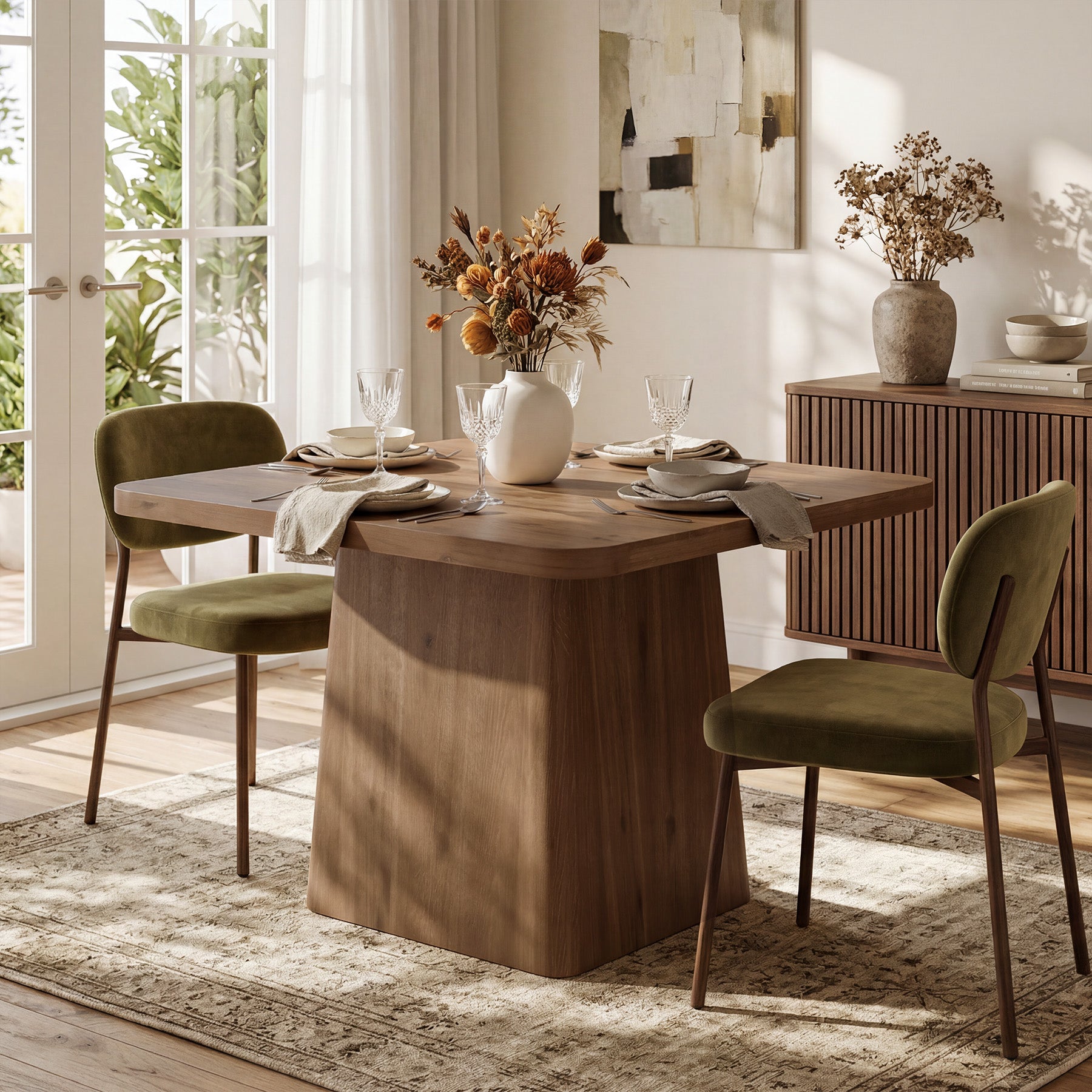 39.37-Inch Solid Wood Square Dining Table with Pedestal Base, Farmhouse Kitchen Table for Small Spaces