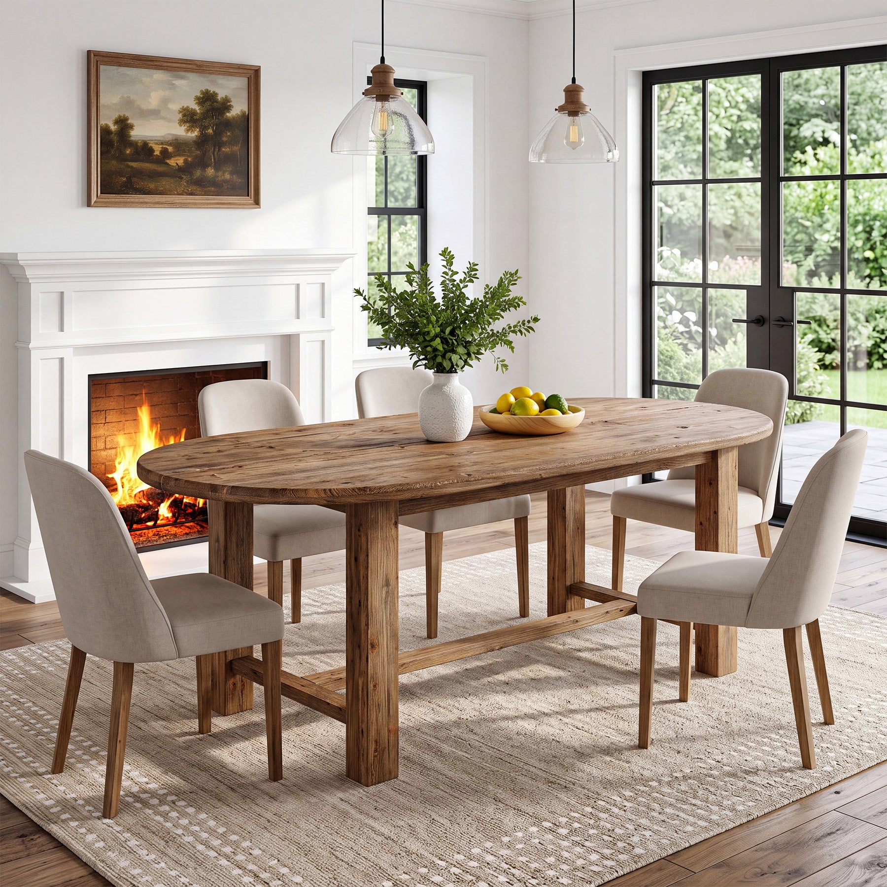 63 Inch Solid Fir Wood Oval Dining Table for 4-6, Farmhouse Kitchen Table with Crossbar