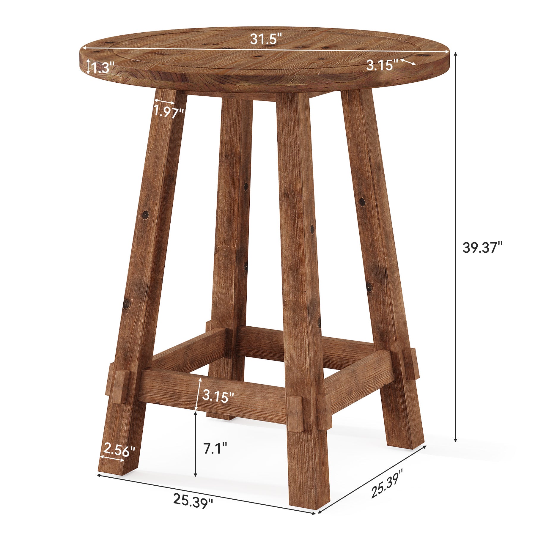 39.4-Inch High Round Solid Wood Bar Table with Footrest, Farmhouse Pub Table for Kitchen and Small Spaces