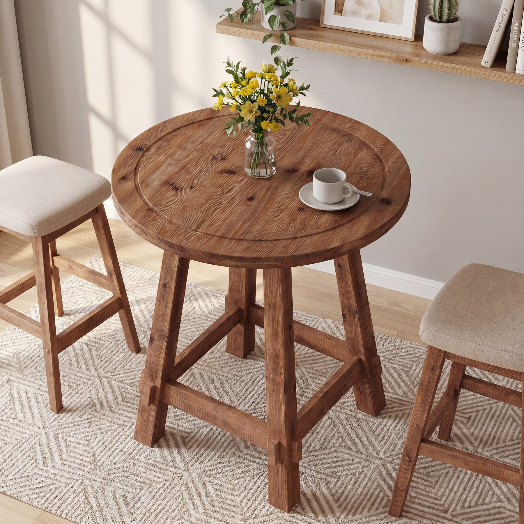 39.4-Inch High Round Solid Wood Bar Table with Footrest, Farmhouse Pub Table for Kitchen and Small Spaces