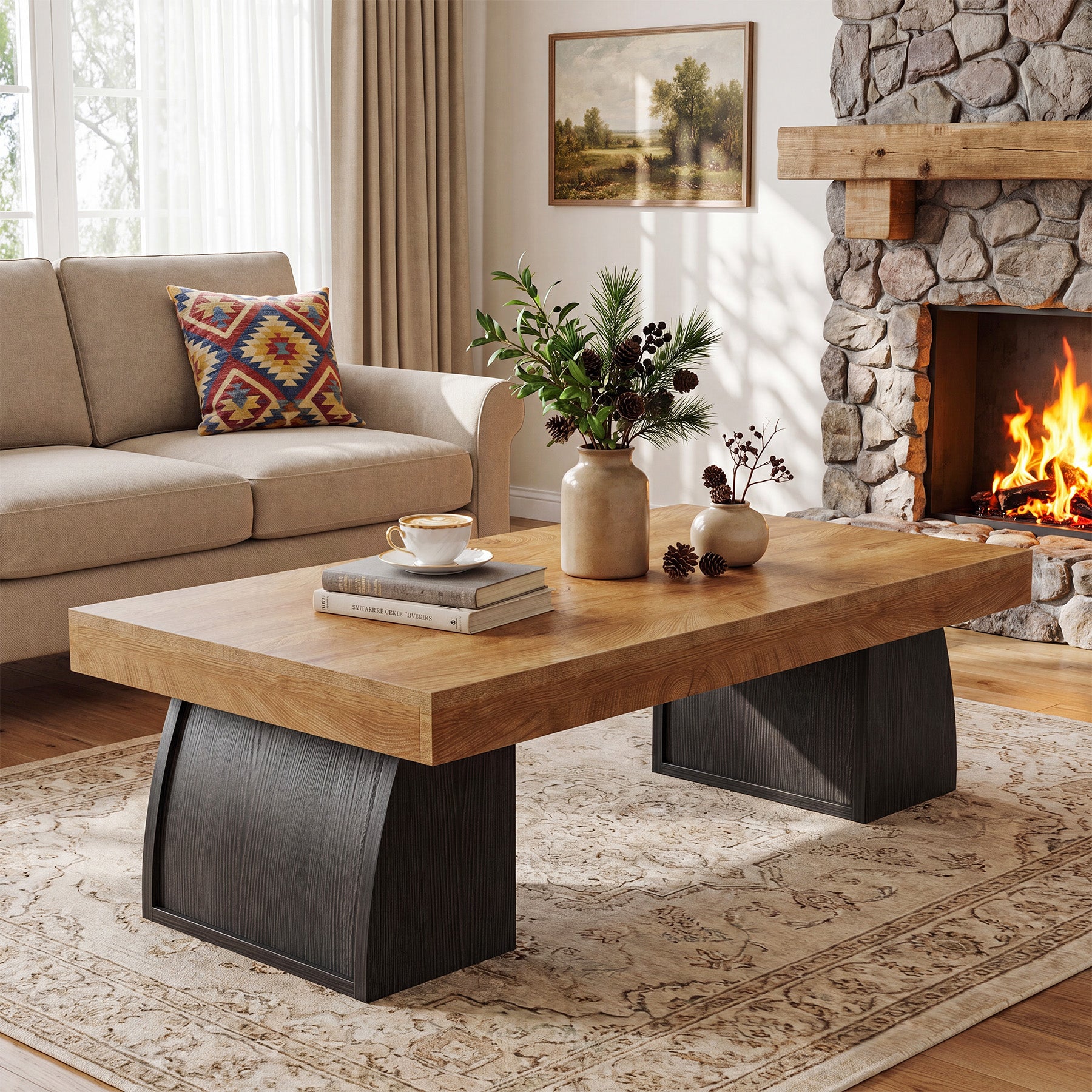 55.12 Inch Farmhouse Coffee Table with Curved Support Base, Rectangular Center Table for Living Room