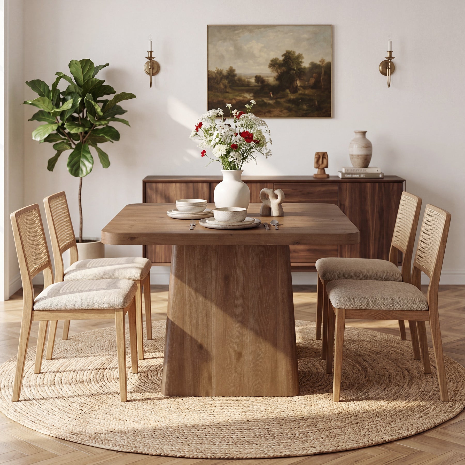 39.37-Inch Solid Wood Square Dining Table with Pedestal Base, Farmhouse Kitchen Table for Small Spaces