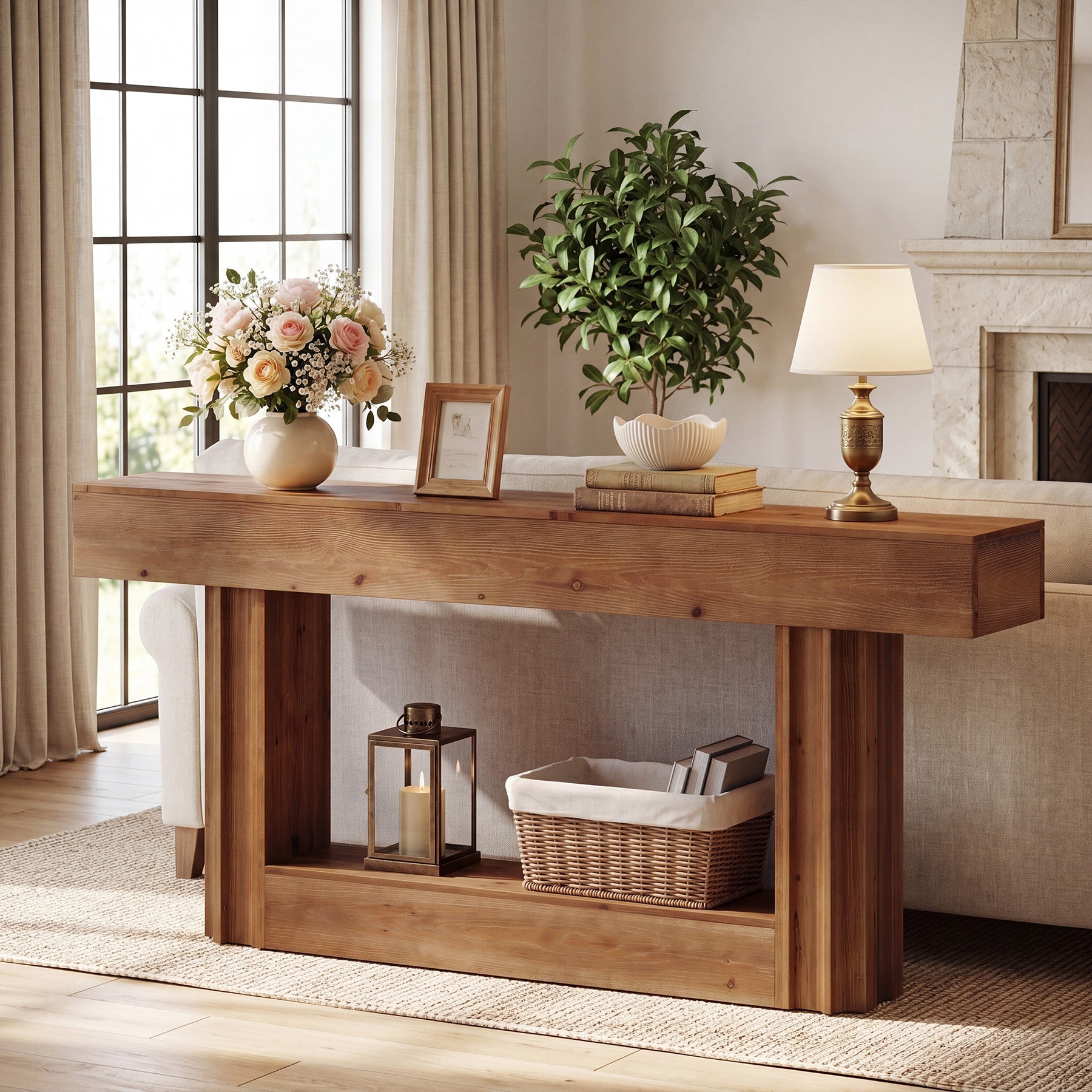 63-Inch Solid Wood Console Table with 2-Tier Storage Shelf, Farmhouse Sofa Entryway Table for Hallway