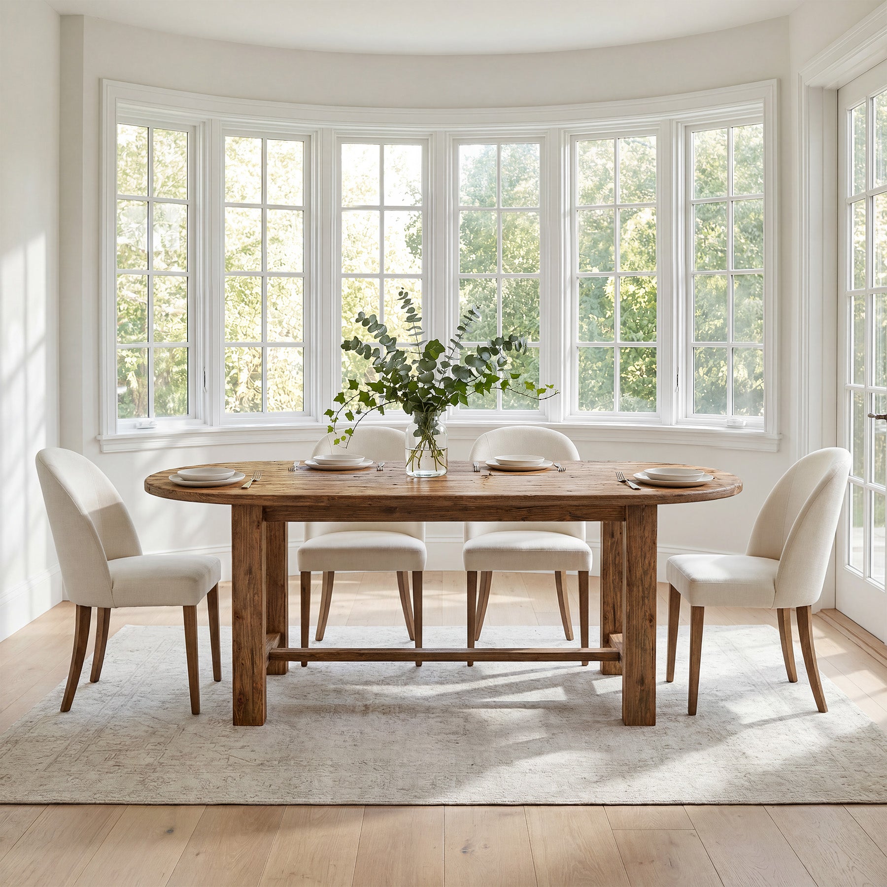 63 Inch Solid Fir Wood Oval Dining Table for 4-6, Farmhouse Kitchen Table with Crossbar