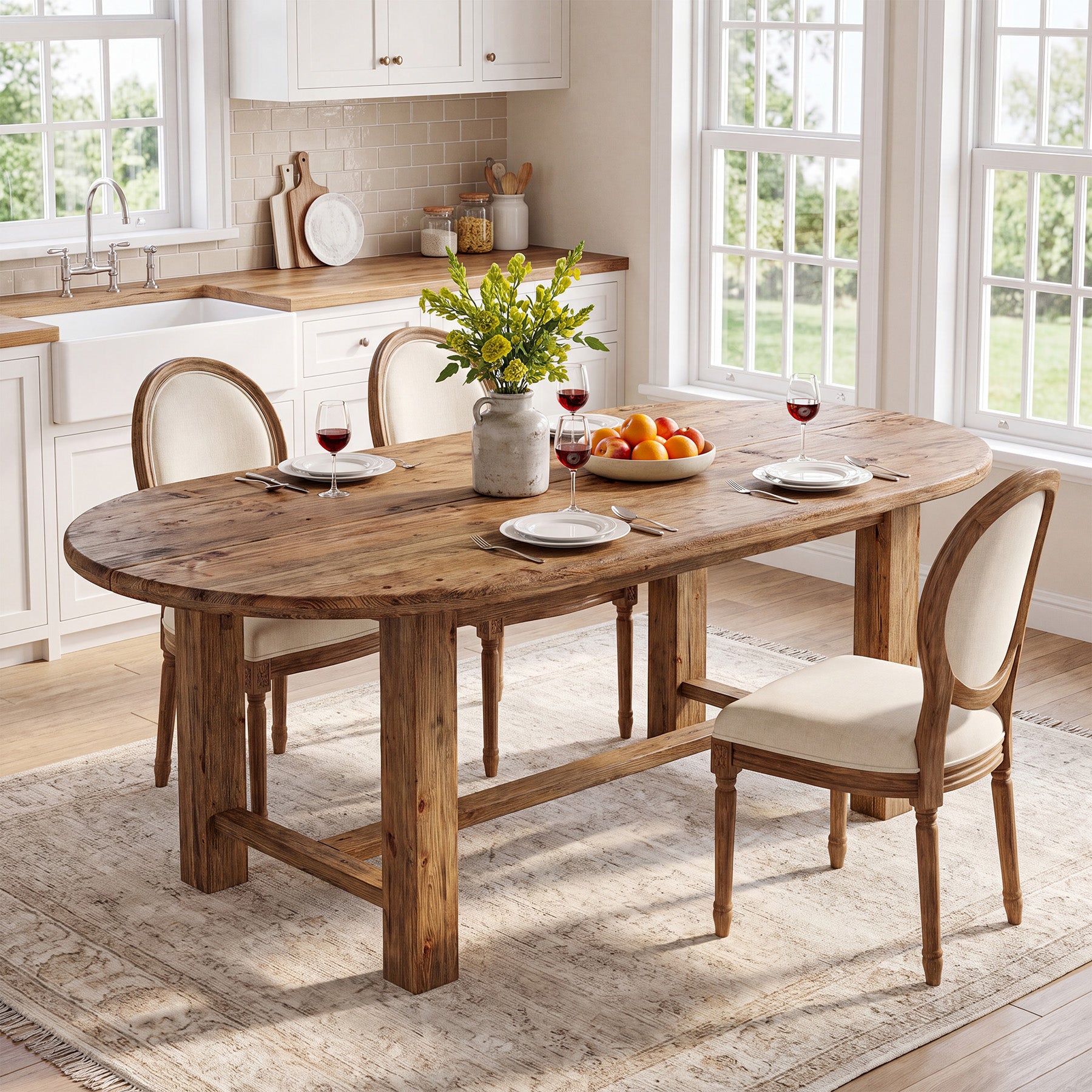 63 Inch Solid Fir Wood Oval Dining Table for 4-6, Farmhouse Kitchen Table with Crossbar