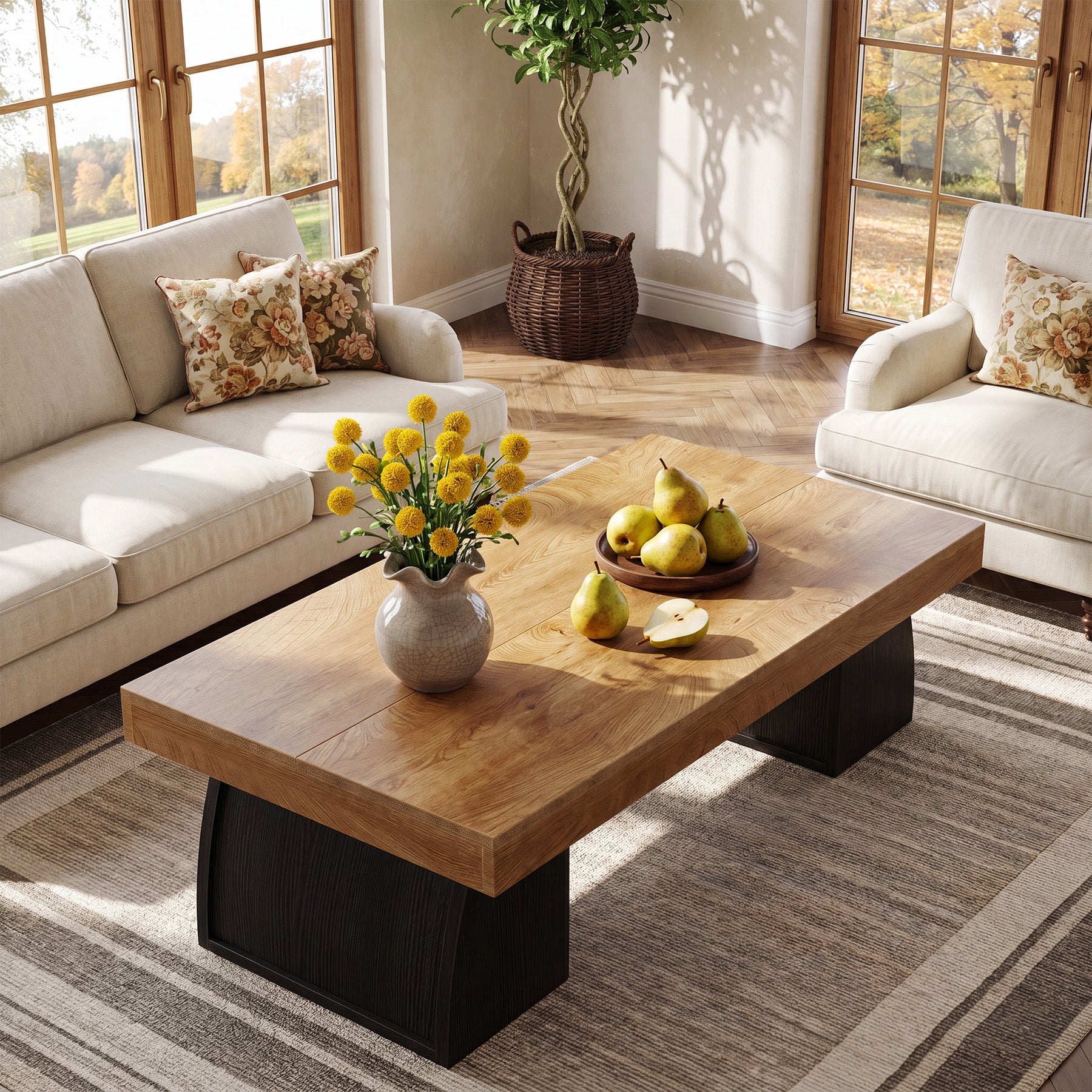 55.12 Inch Farmhouse Coffee Table with Curved Support Base, Rectangular Center Table for Living Room