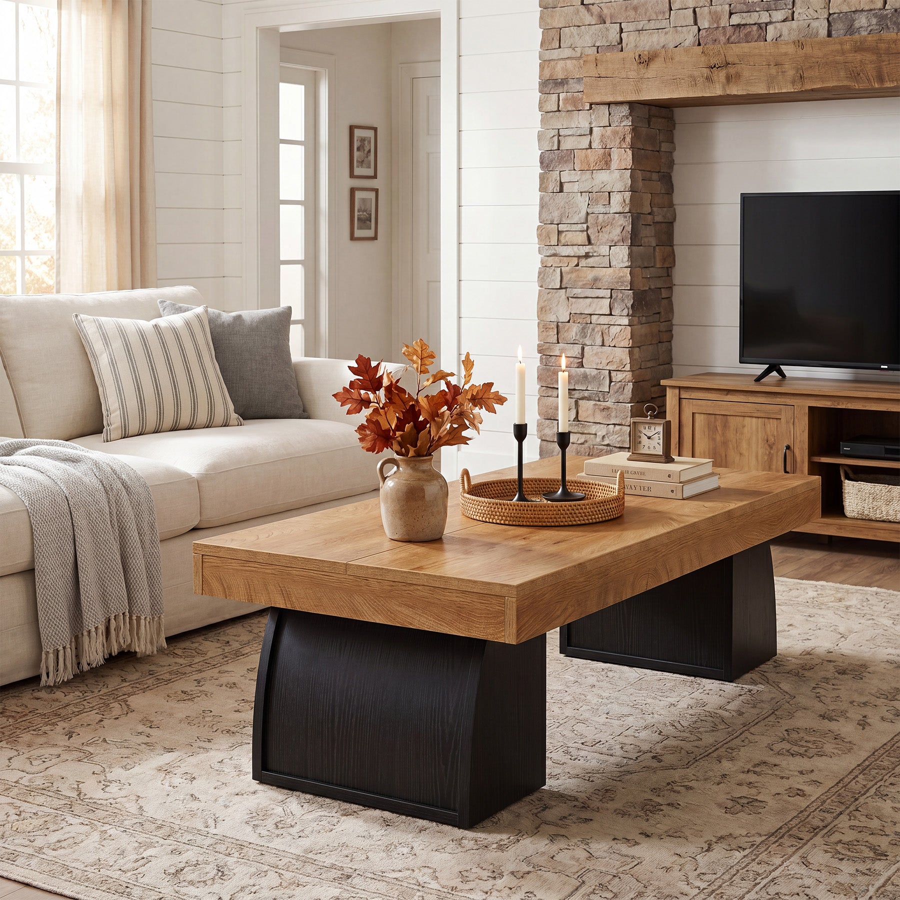 55.12 Inch Farmhouse Coffee Table with Curved Support Base, Rectangular Center Table for Living Room