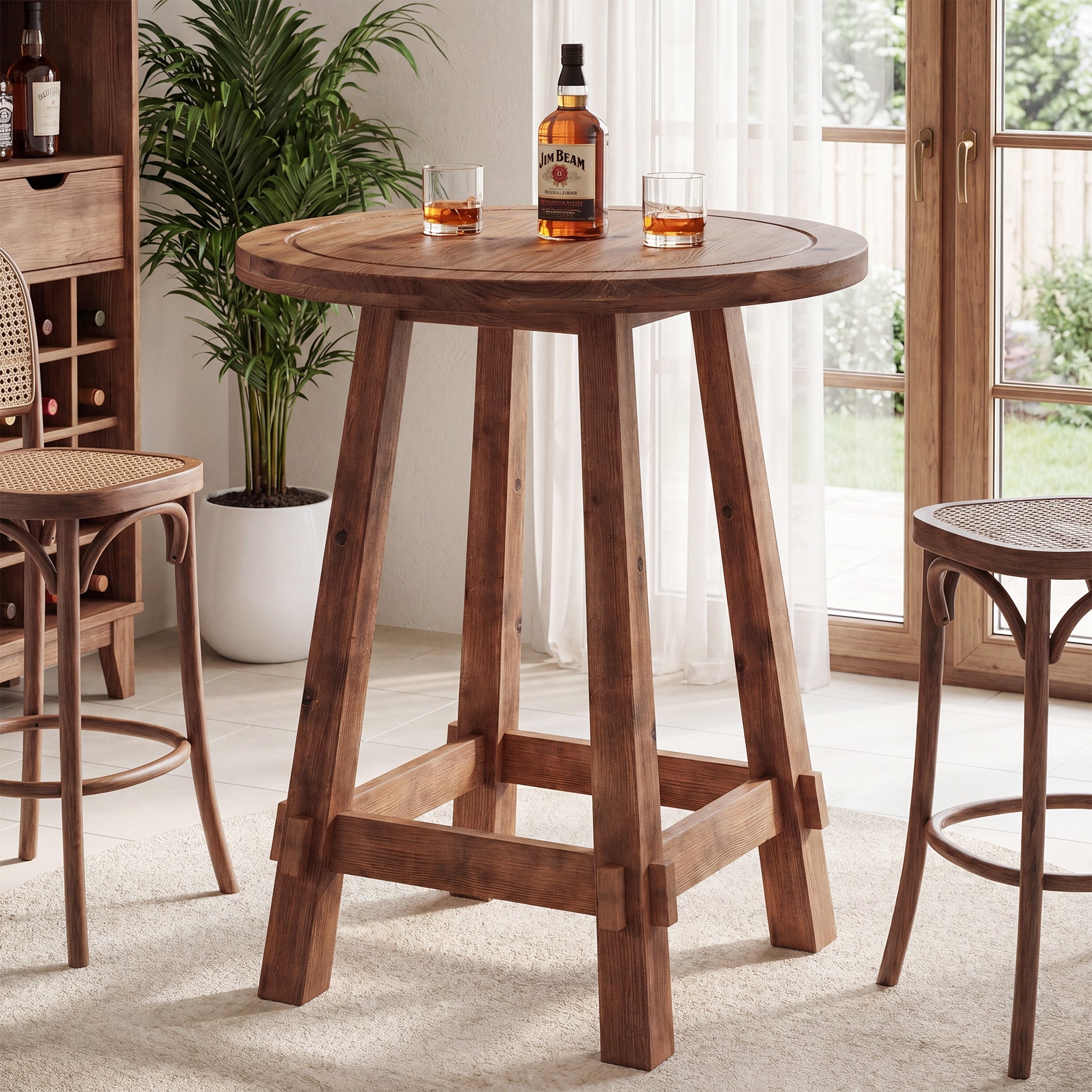 39.4-Inch High Round Solid Wood Bar Table with Footrest, Farmhouse Pub Table for Kitchen and Small Spaces