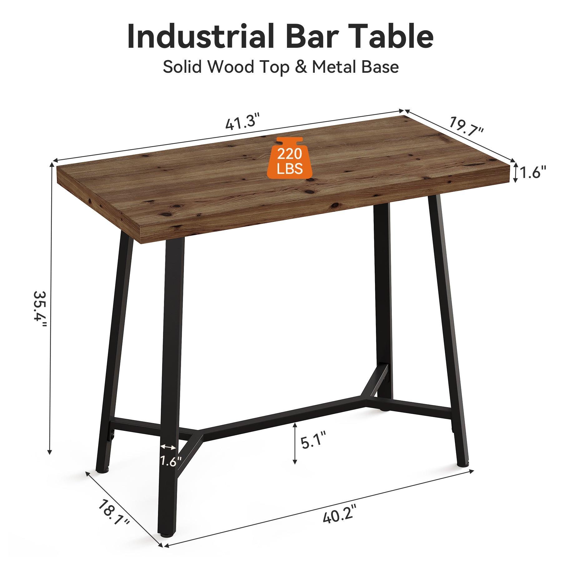 Tribesigns 41.3-Inch Solid Wood Bar Table with Footrest, Industrial Pub Table for Small Kitchens