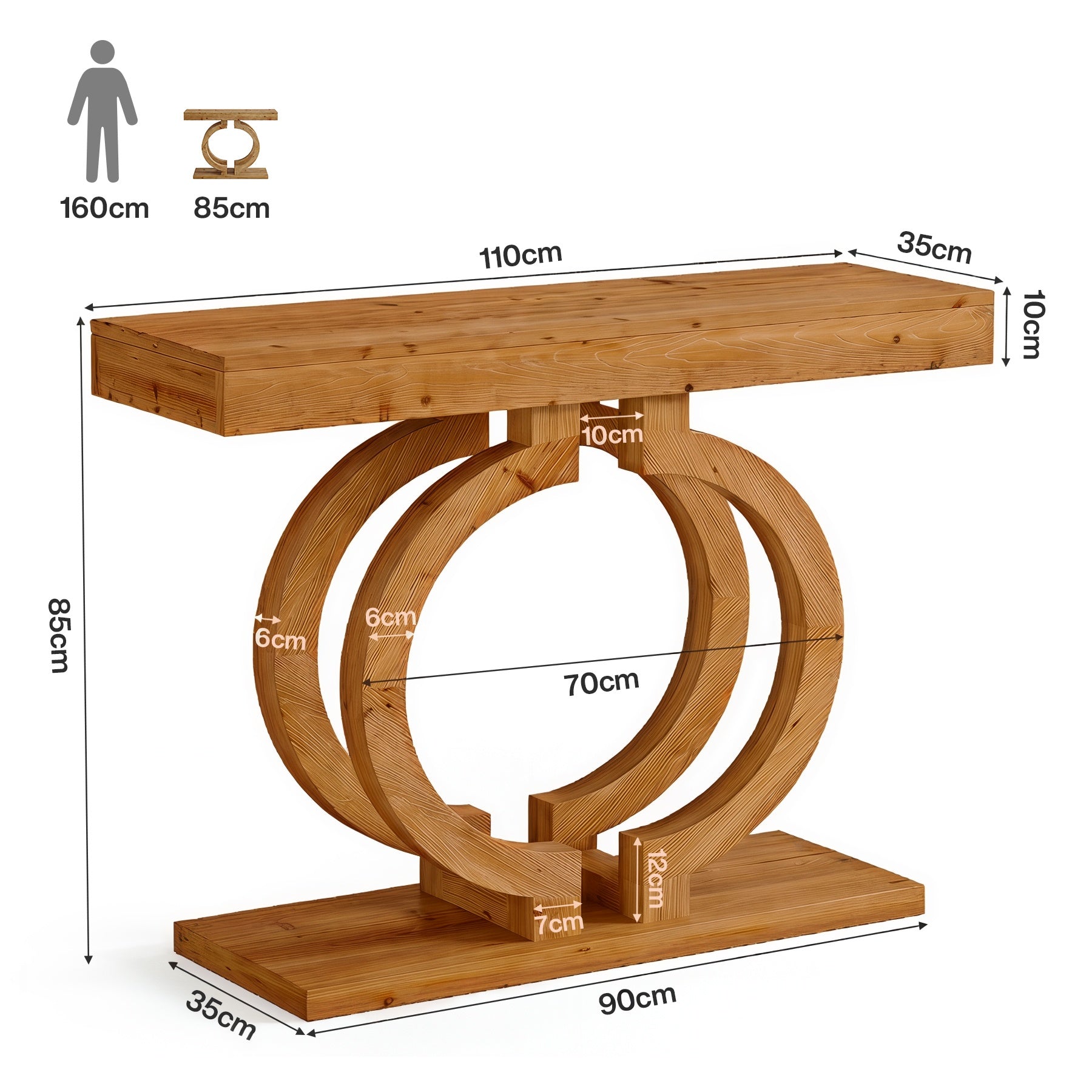 43.3-Inch Solid Wood Console Table with Double-Circle Base, Narrow Entryway Accent Table for Hallway