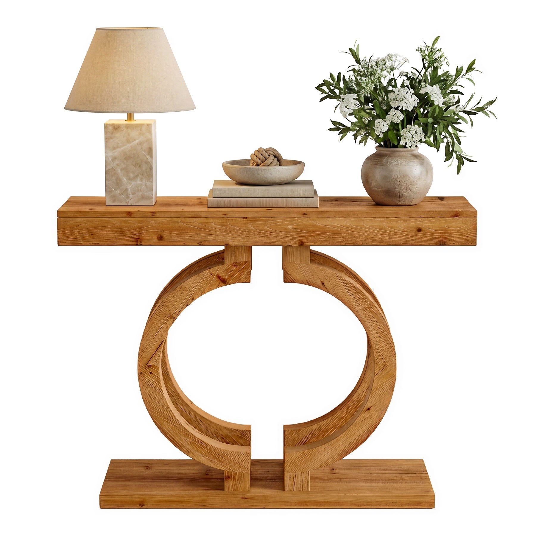 43.3-Inch Solid Wood Console Table with Double-Circle Base, Narrow Entryway Accent Table for Hallway