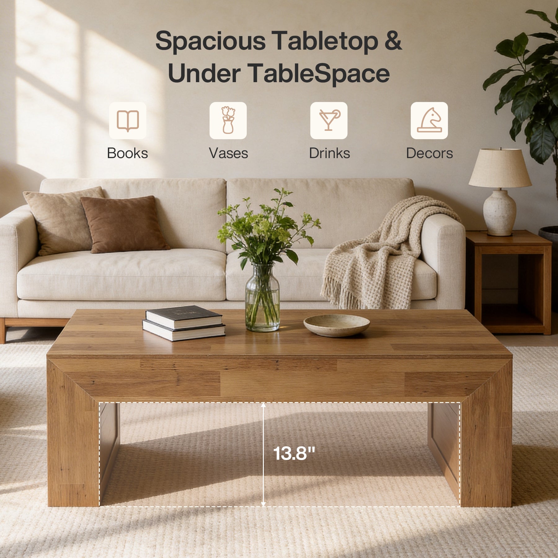Tribesigns 47.2-Inch Farmhouse Coffee Table, Rectangular Table with Thick Panel Base