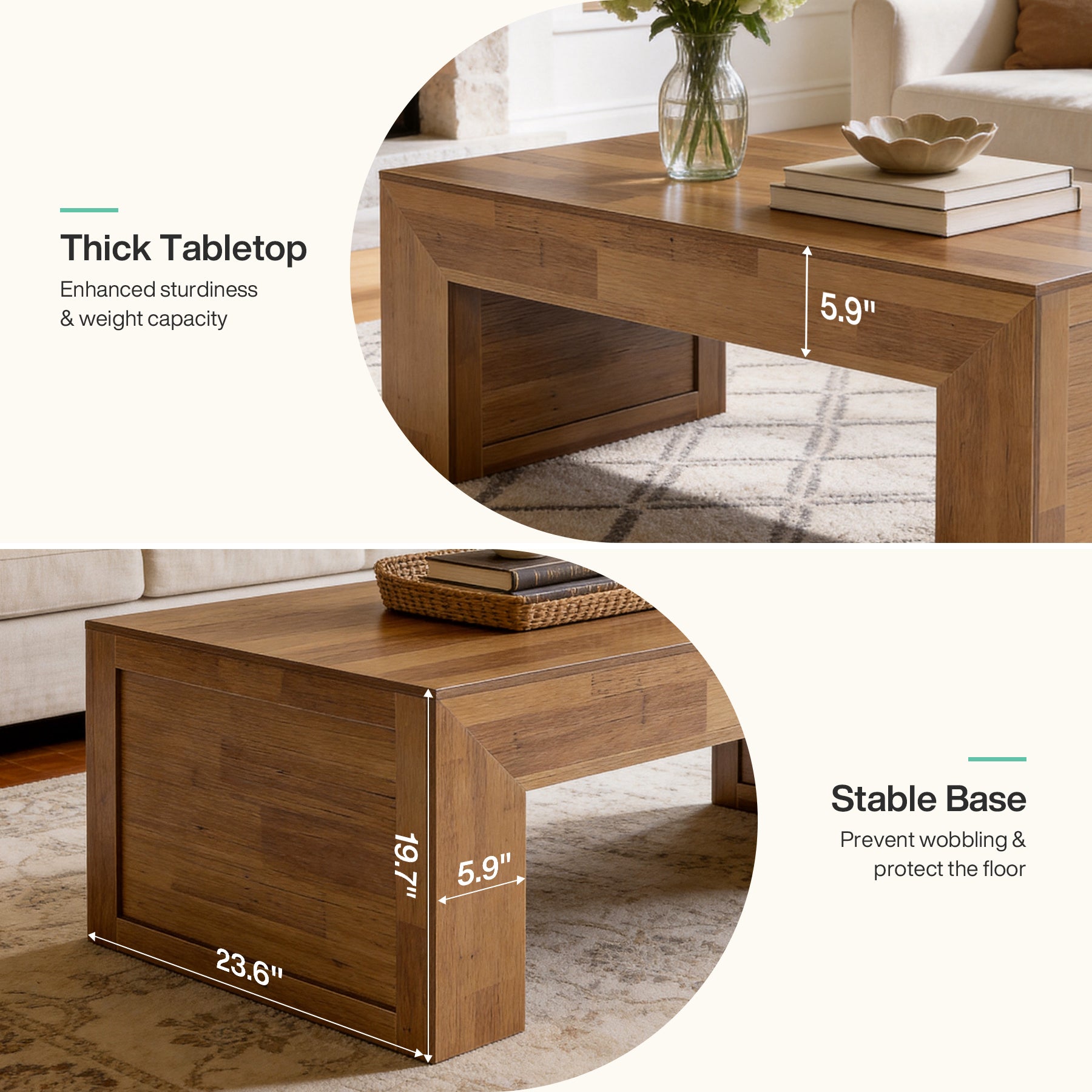Tribesigns 47.2-Inch Farmhouse Coffee Table, Rectangular Table with Thick Panel Base