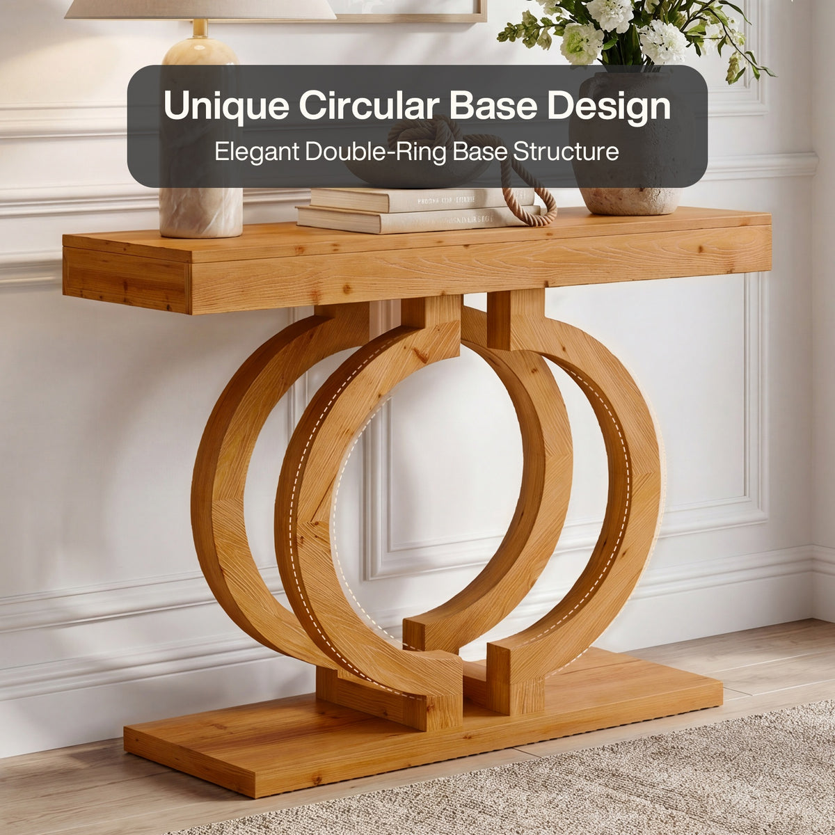 43.3-Inch Solid Wood Console Table with Double-Circle Base, Narrow Entryway Accent Table for Hallway