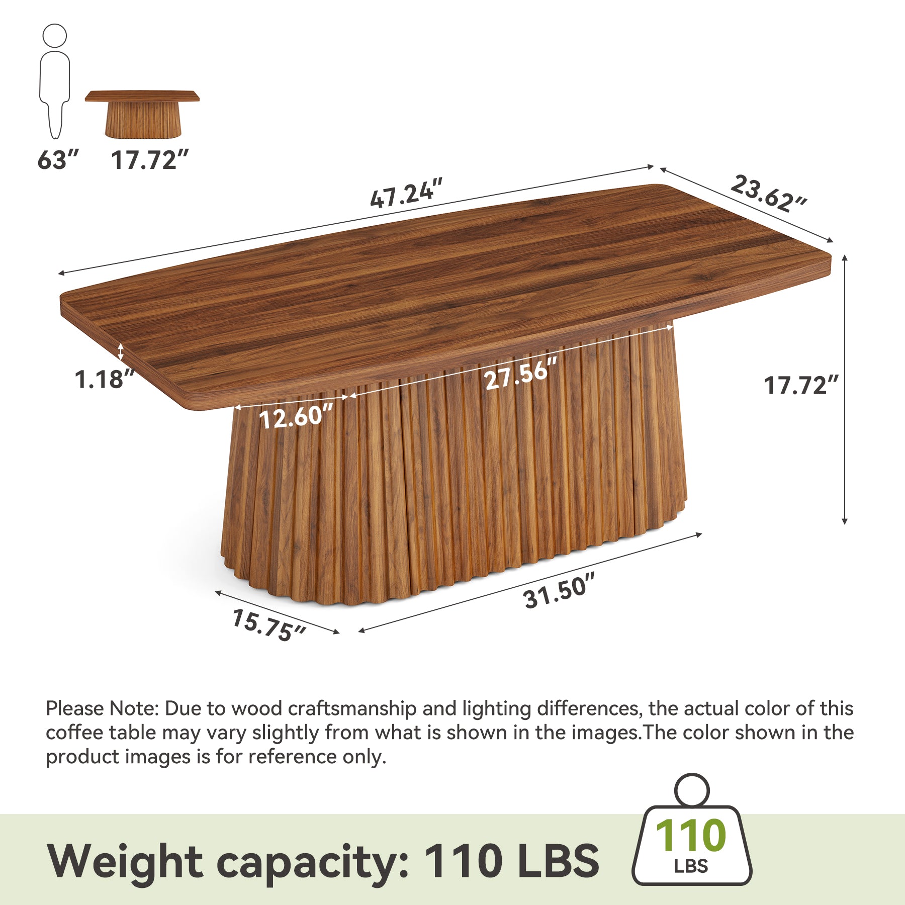 Tribesigns 47.2-Inch Rectangular Coffee Table, Farmhouse Center Table with Pleated Base for Living Room and Family Room