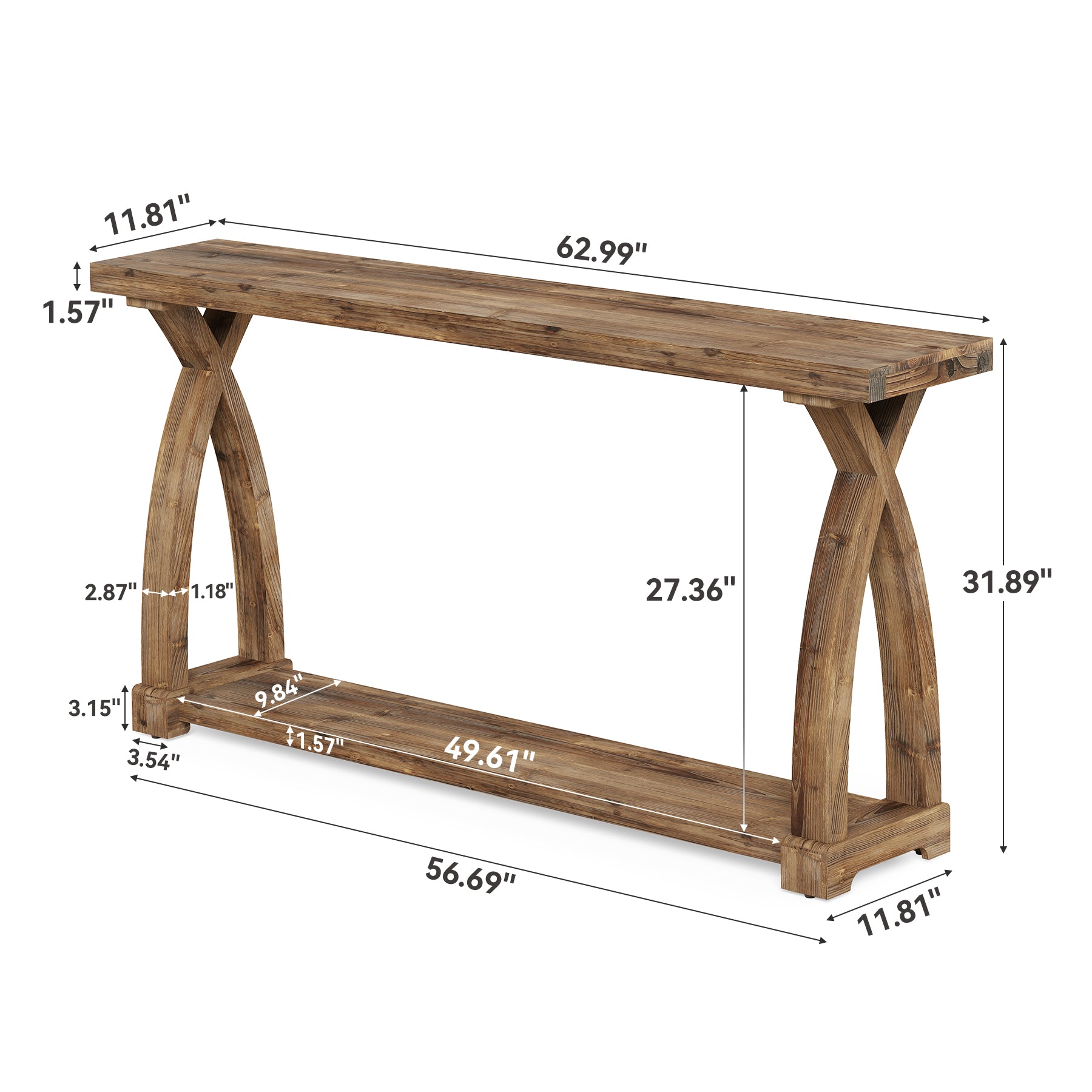 Tribesigns 63-Inch Solid Wood Console Table, Narrow Farmhouse Design with 2-Tier Storage for Entryway and Living Room