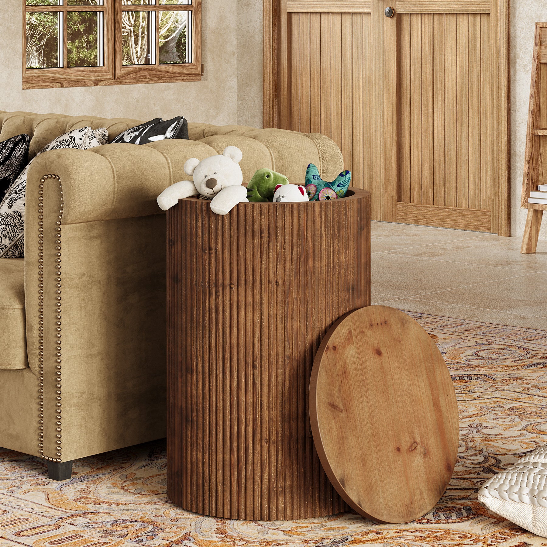 Tribesigns Solid Wood Round Side Table with Fluted Design and 4 Wheels, No-Assembly End Table with Storage for Living Room Bedroom and Small Spaces