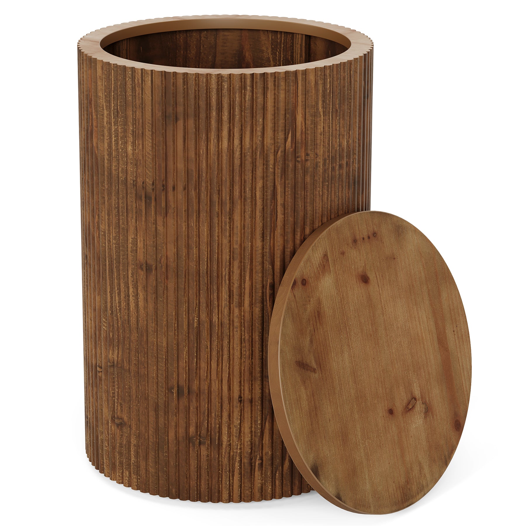 Tribesigns Solid Wood Round Side Table with Fluted Design and 4 Wheels, No-Assembly End Table with Storage for Living Room Bedroom and Small Spaces