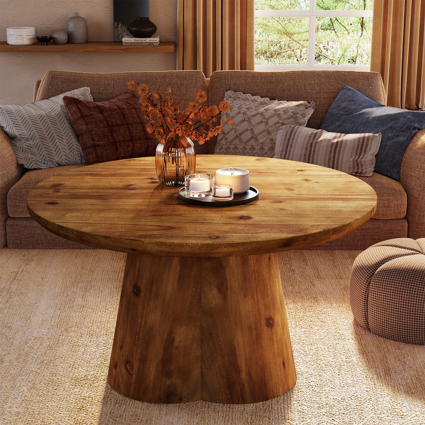 31.5-Inch Solid Wood Round Coffee Table, Farmhouse Center Table for Living Room