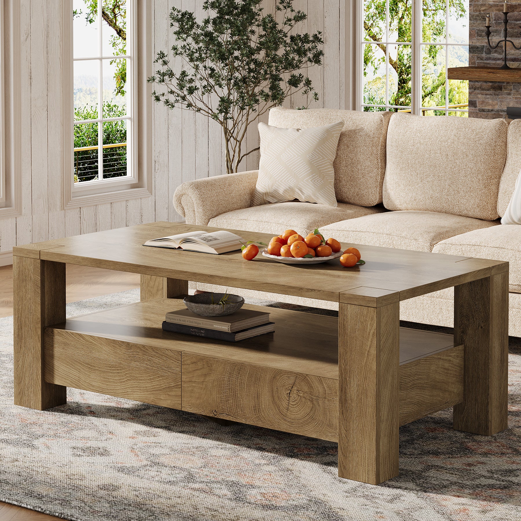 Tribesigns 47-Inch Coffee Table with Storage, Farmhouse Center Table with Drawers & Open Shelf