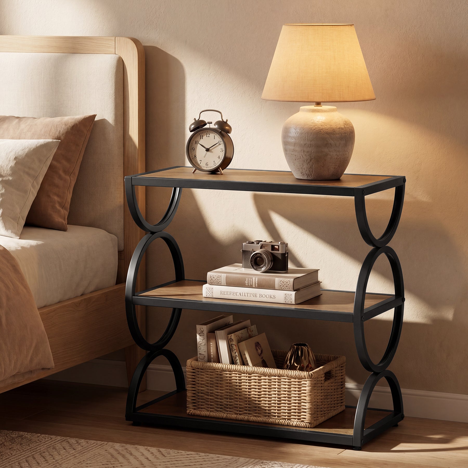 Tribesigns 23.6-Inch Nightstand with 3-Tier Storage Shelves and Circular Frame, Industrial Bedside Table for Bedroom and Small Spaces