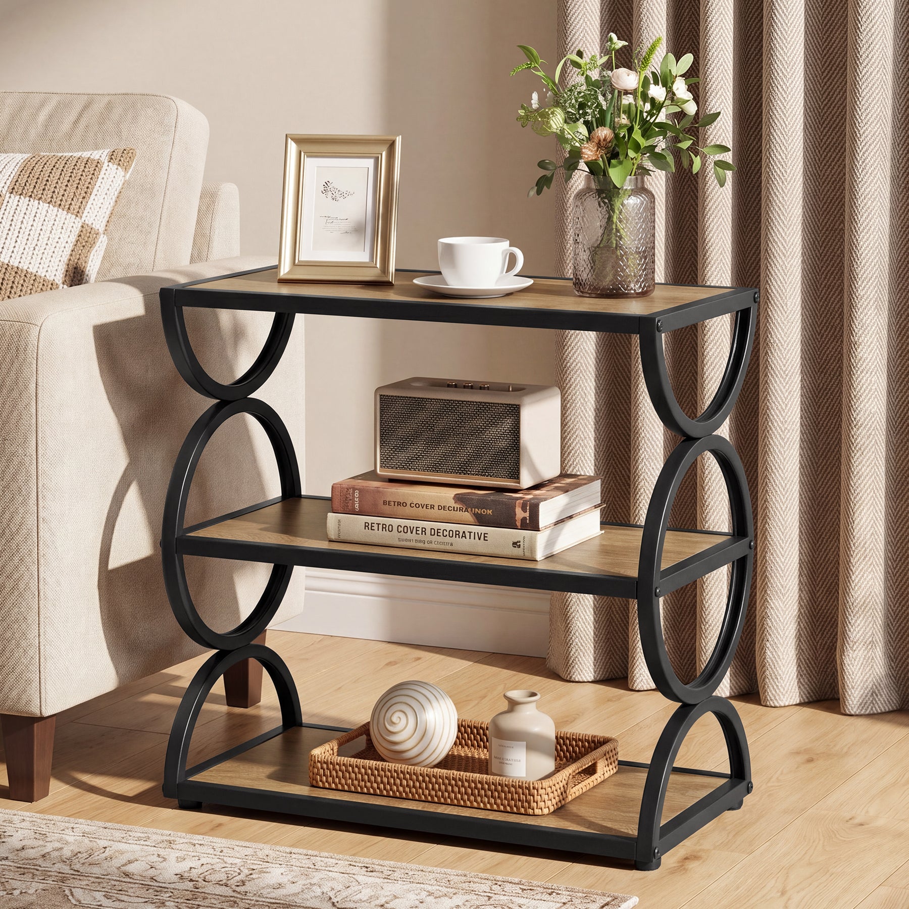 Tribesigns 23.6-Inch 3-Tier End Table with Circular Side Frame, Narrow Industrial Side Table with Storage Shelves for Living Room