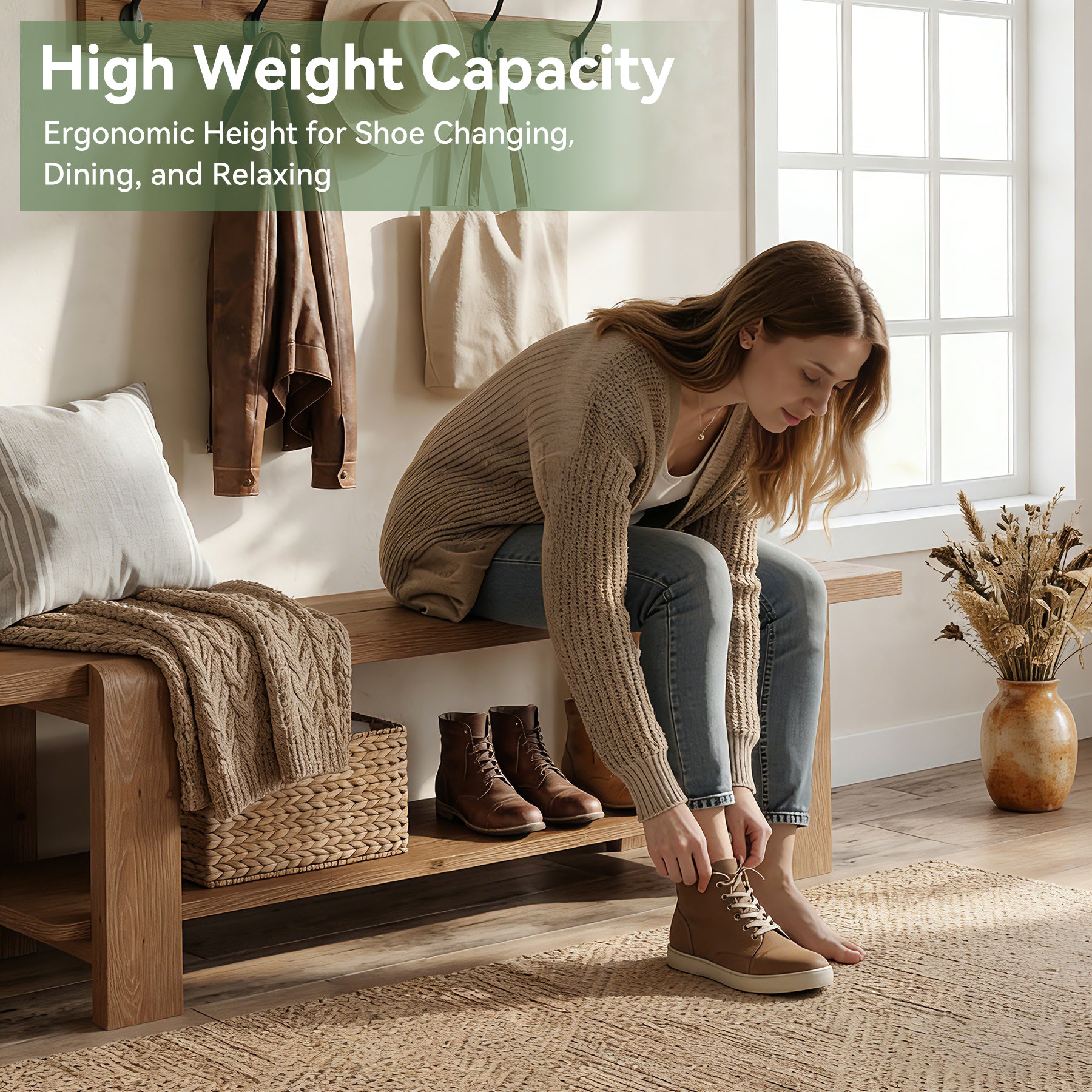 Tribesigns 63-Inch Solid Wood Entryway Bench, Shoe Storage Bench with 2-Tier Shelf for Hallway