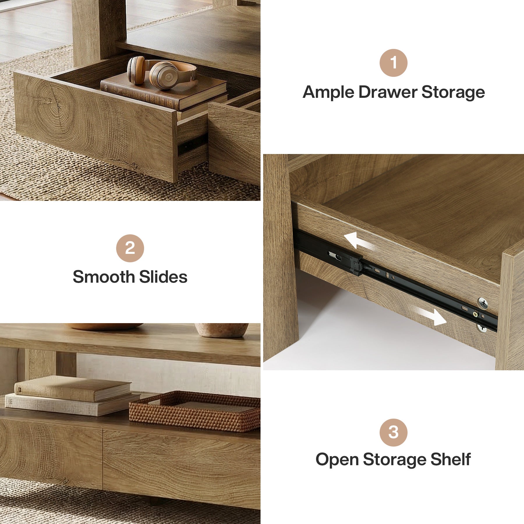 Tribesigns 47-Inch Coffee Table with Storage, Farmhouse Center Table with Drawers & Open Shelf