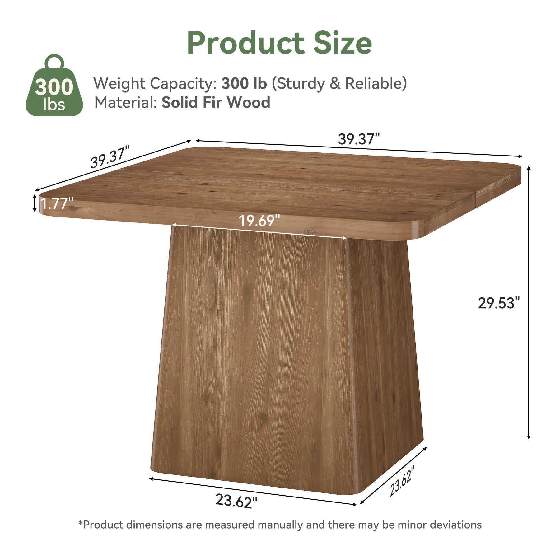 39.37-Inch Solid Wood Square Dining Table with Pedestal Base, Farmhouse Kitchen Table for Small Spaces