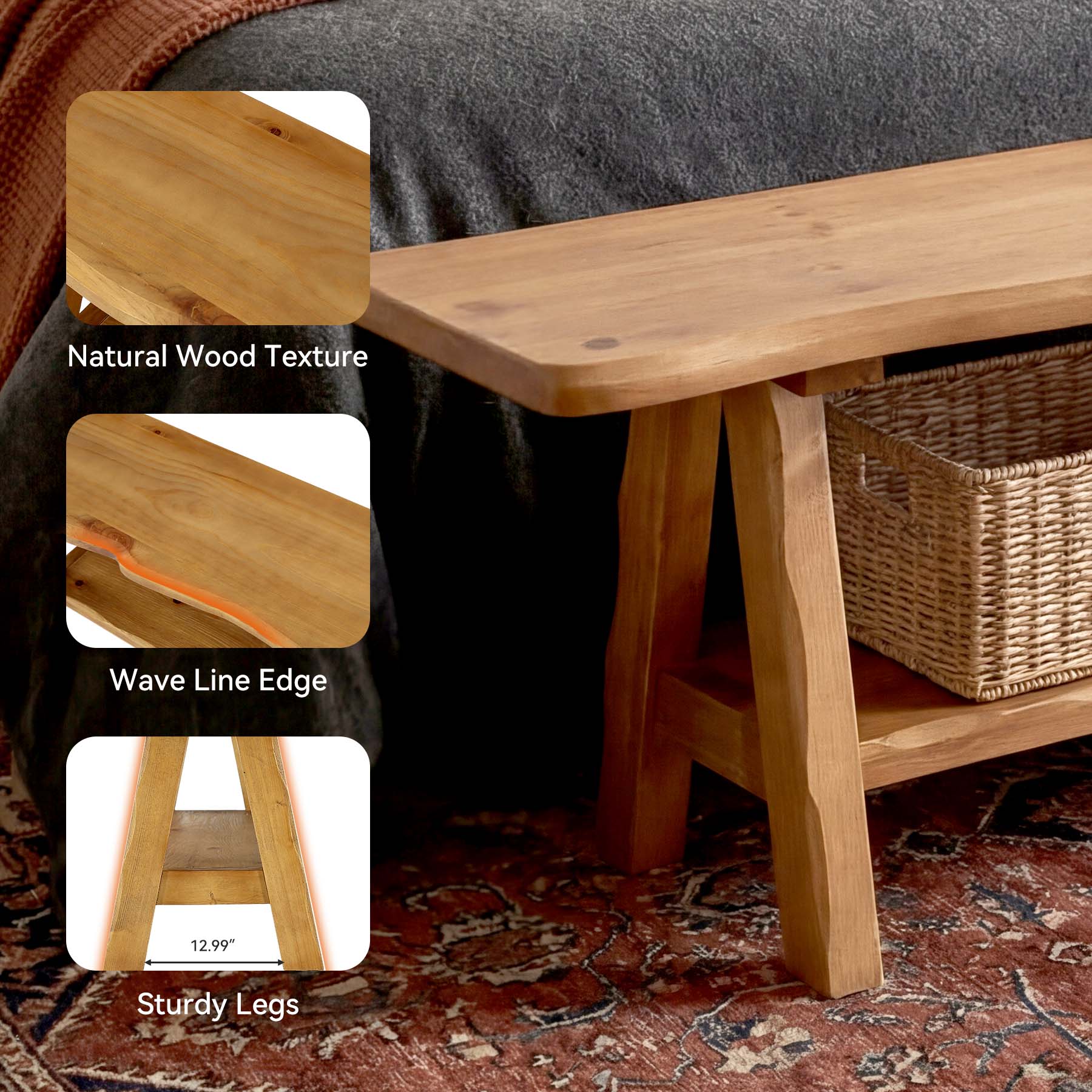 Tribesigns 55-Inch Solid Wood Entryway Bench with Live-Edge, 2-Tier Shoe Storage for Bedroom