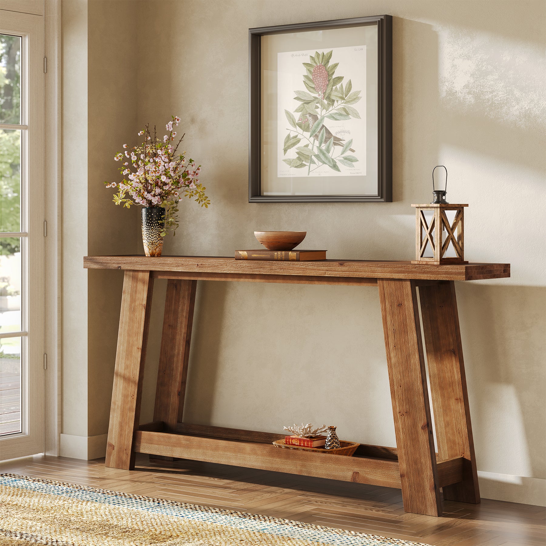63" Solid Wood Console Table, Farmhouse Entryway Table with 2-Tier Shelf