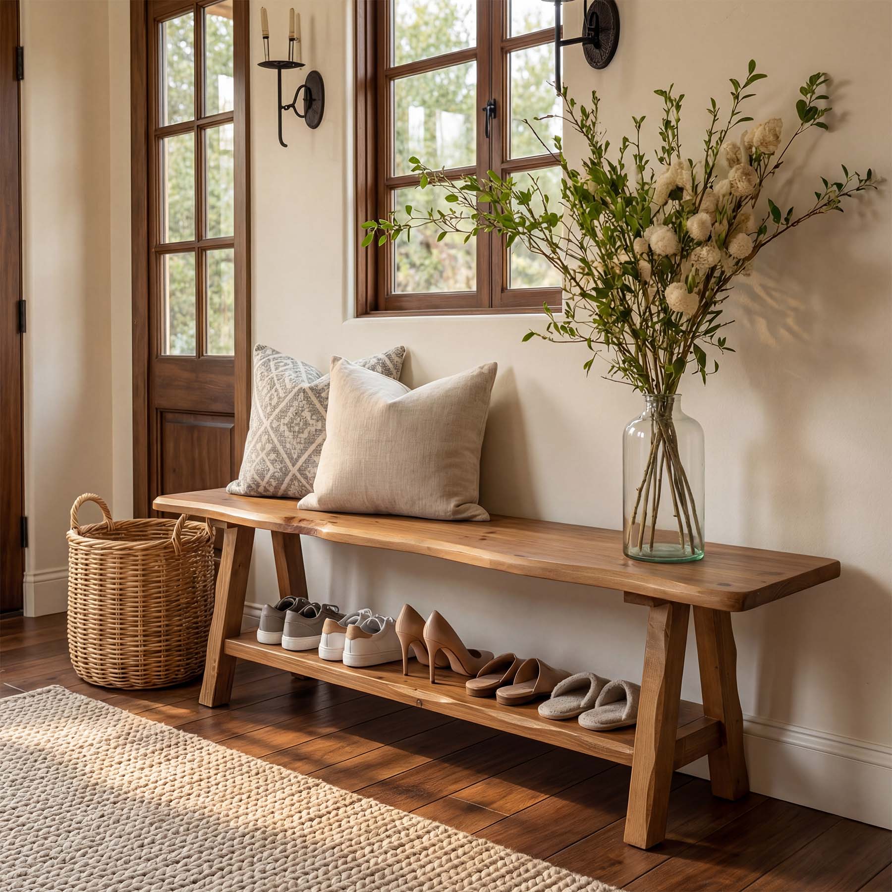 Tribesigns 55-Inch Solid Wood Entryway Bench with Live-Edge, 2-Tier Shoe Storage for Bedroom